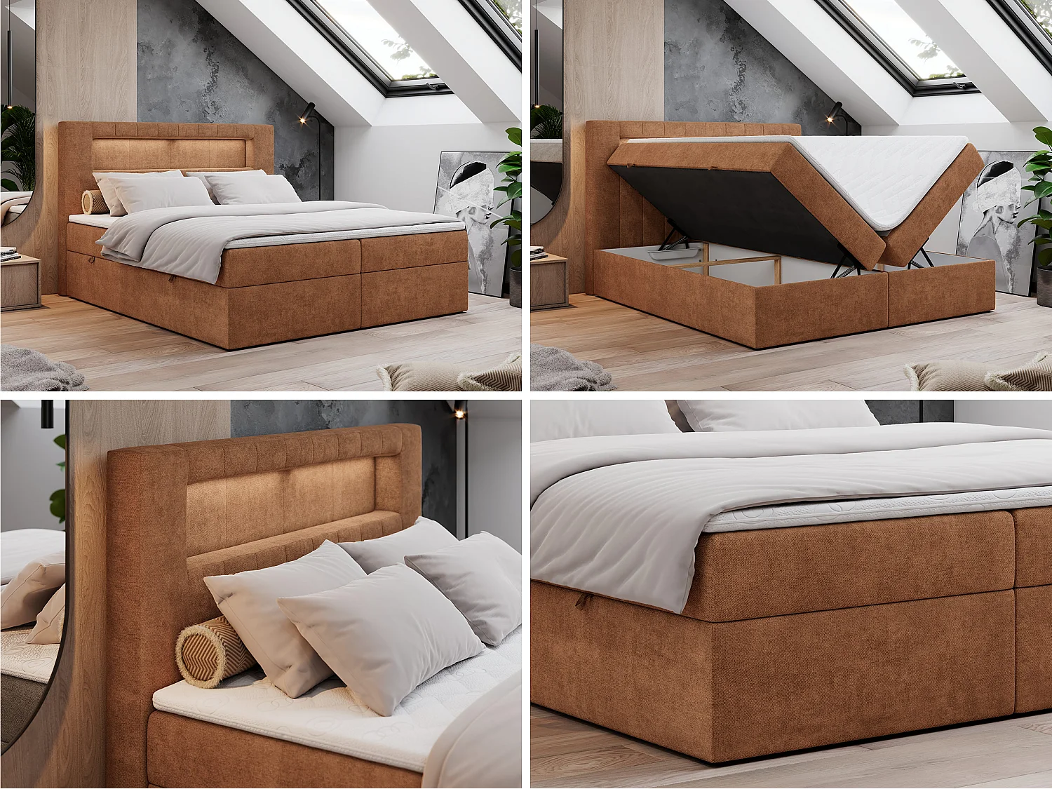 Lit boxspring avec 2 coffres - 2 matelas mi-fermes + surmatelas mousse - Orange Tissu texturé - 180x200 - GOLD 5