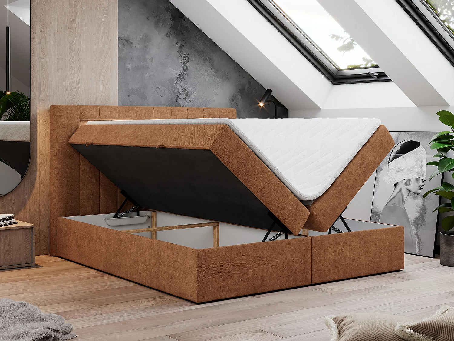 Lit boxspring avec 2 coffres - 2 matelas mi-fermes + surmatelas mousse - Orange Tissu texturé - 180x200 - GOLD 5