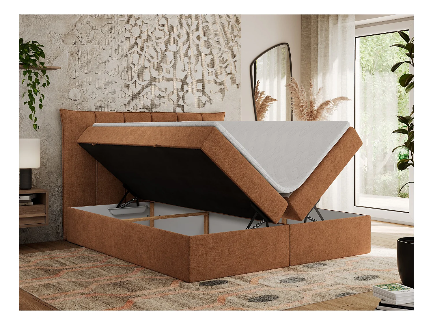 Boxspringbett PREMIUM 10 mit Multipocket-Matratze, gesteppte Kopfstütze, zwei Bettkästen - 140x200 cm - H3 - Orange Strukture