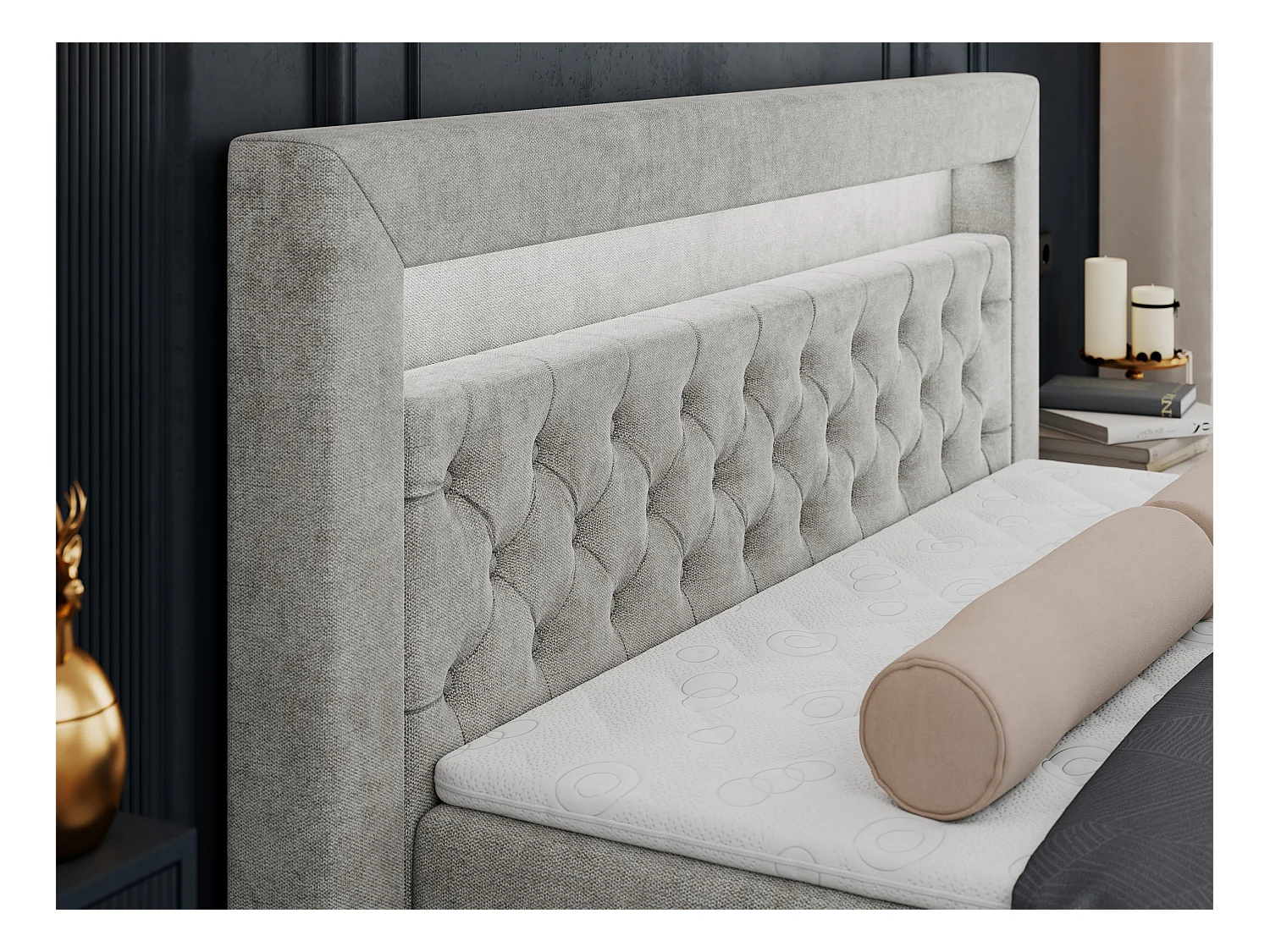Boxspringbett GOLD 6, Doppelbett mit Stauraum, LED-Beleuchtung, gesteppte Kopfstütze - 120x200 cm - H3 - Hellgrau Strukture
