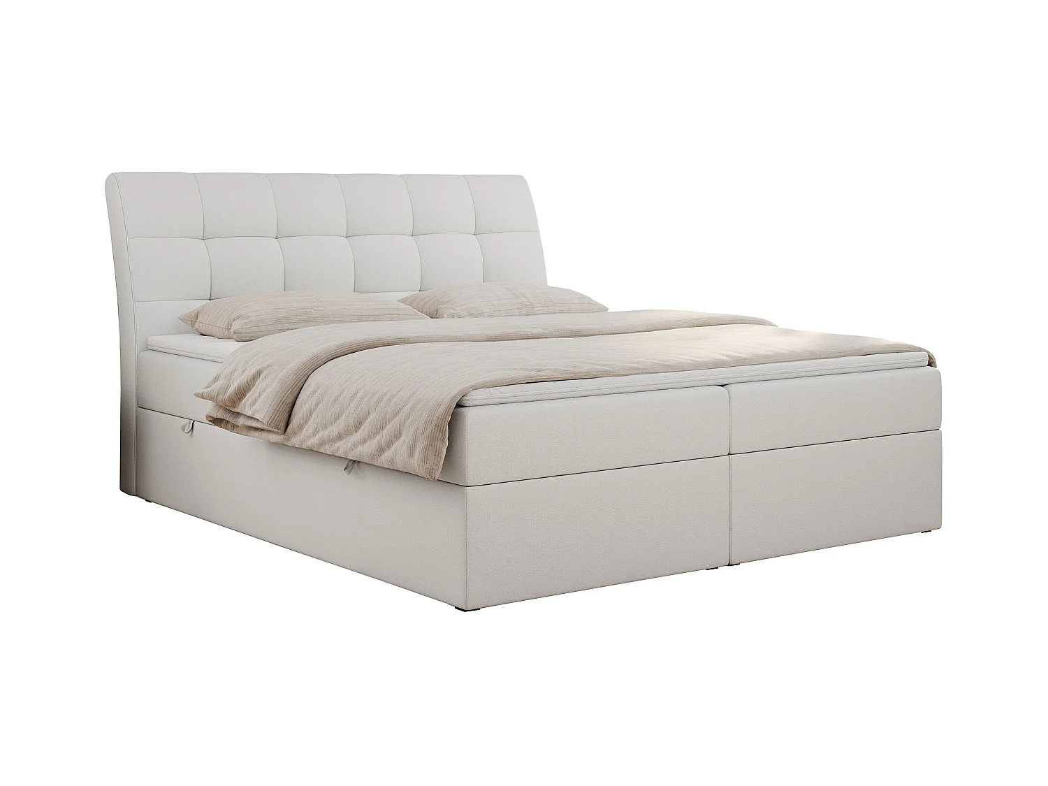 Boxspringbett DIEGOS mit Stauraum, gestepptem Kopfteil, Multipocket-Matratze - 200x200 cm - H4 - Weiß Kunstleder