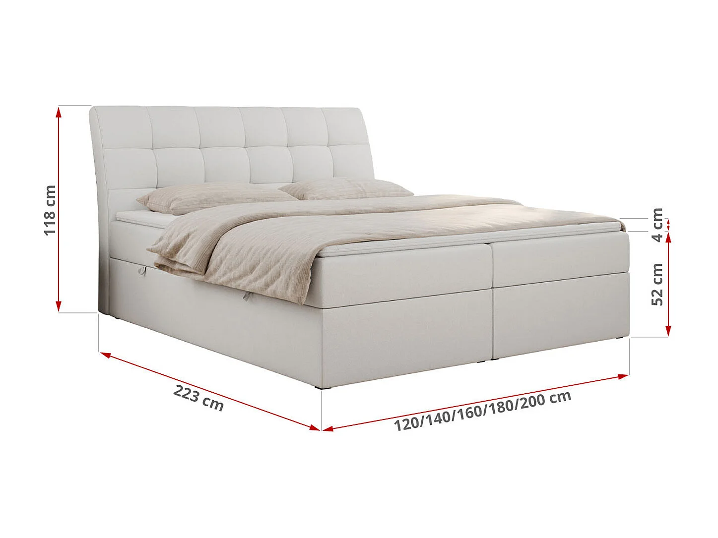 Boxspringbett DIEGOS mit Stauraum, gestepptem Kopfteil, Multipocket-Matratze - 200x200 cm - H4 - Weiß Kunstleder
