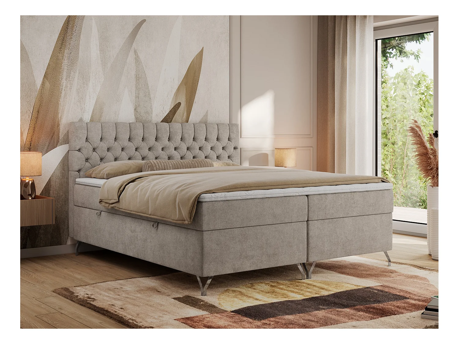 Boxspringbett GRIMALDI mit zwei Bettkästen, gesteppter Kopfstütze, Metallfüßen - 160x200 cm - H3 - Beige Strukture