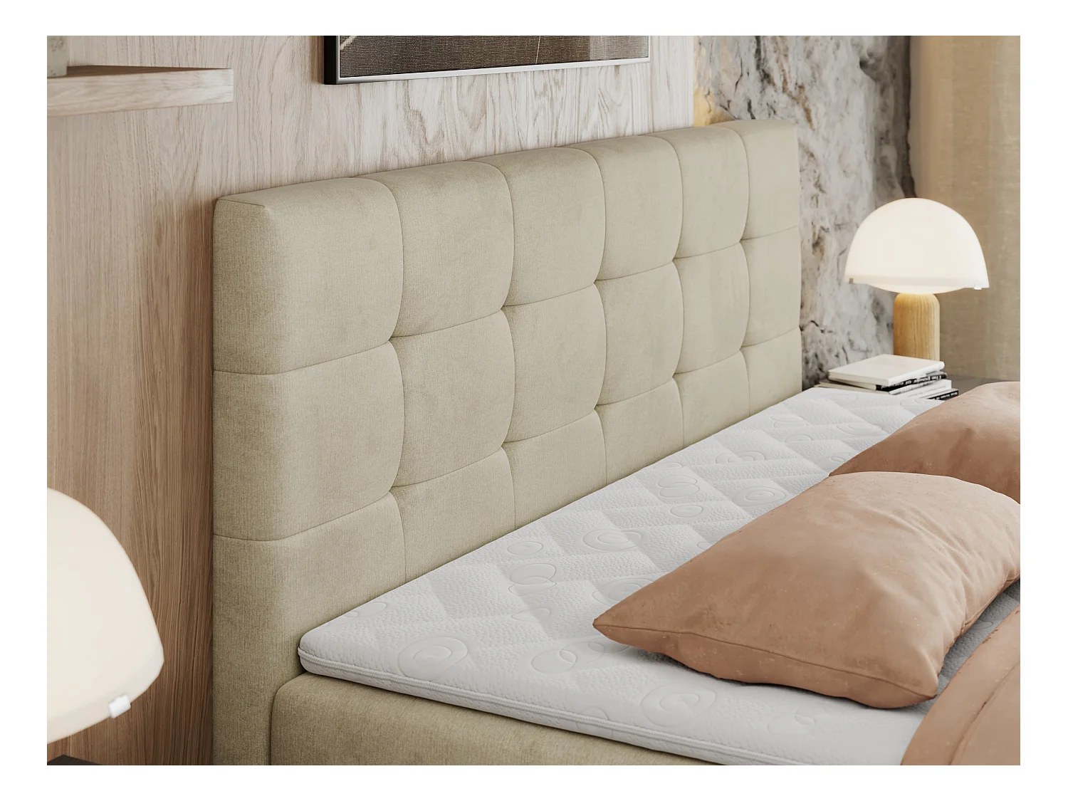 Boxspringbett CENTOS mit gestepptem Kopfteil, Multipocket-Matratze, Doppelbett mit Stauraum - 120x200 cm - H4 - Beige Velvet