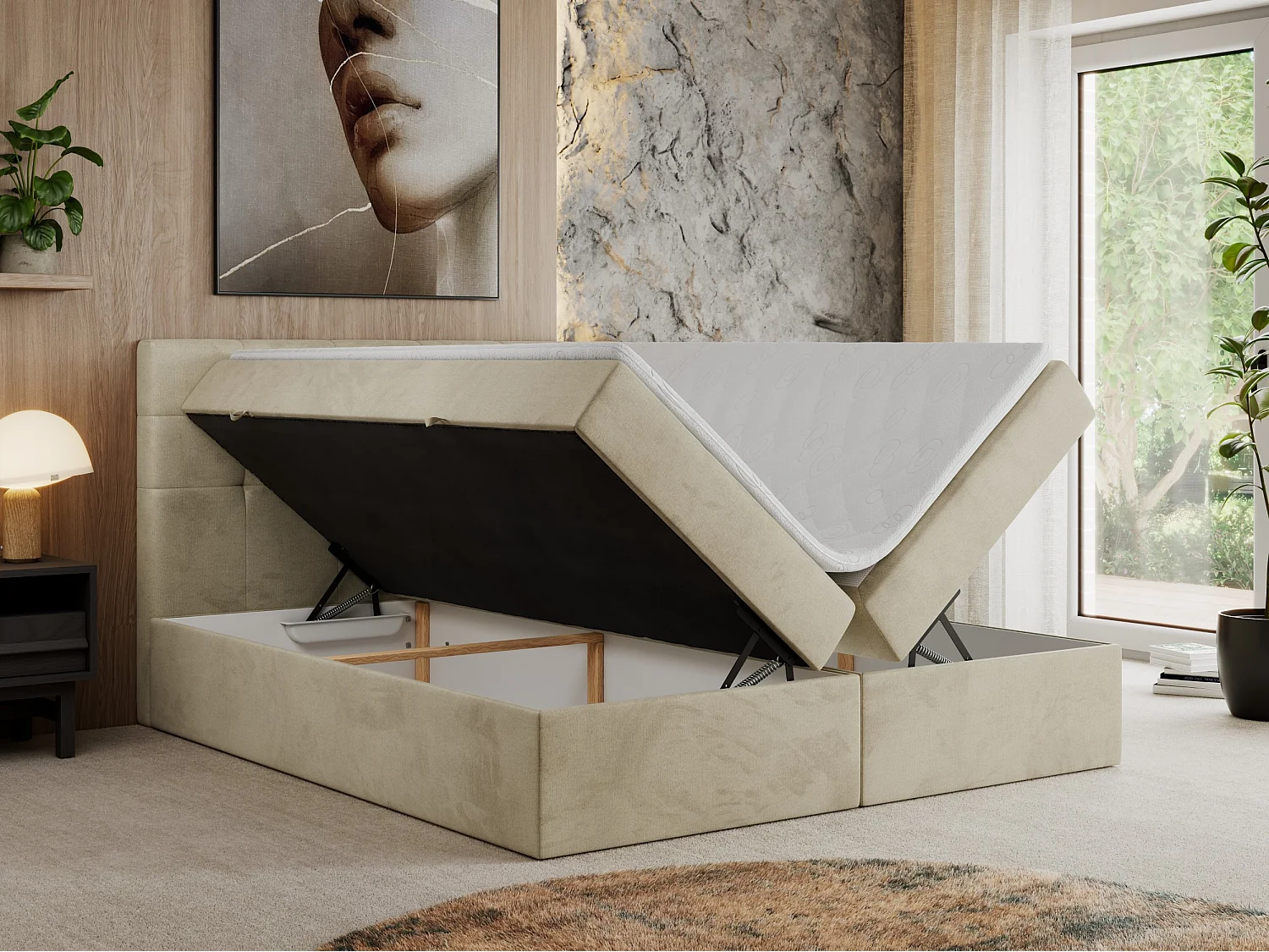 Boxspringbett CENTOS mit gestepptem Kopfteil, Multipocket-Matratze, Doppelbett mit Stauraum - 120x200 cm - H4 - Beige Velvet