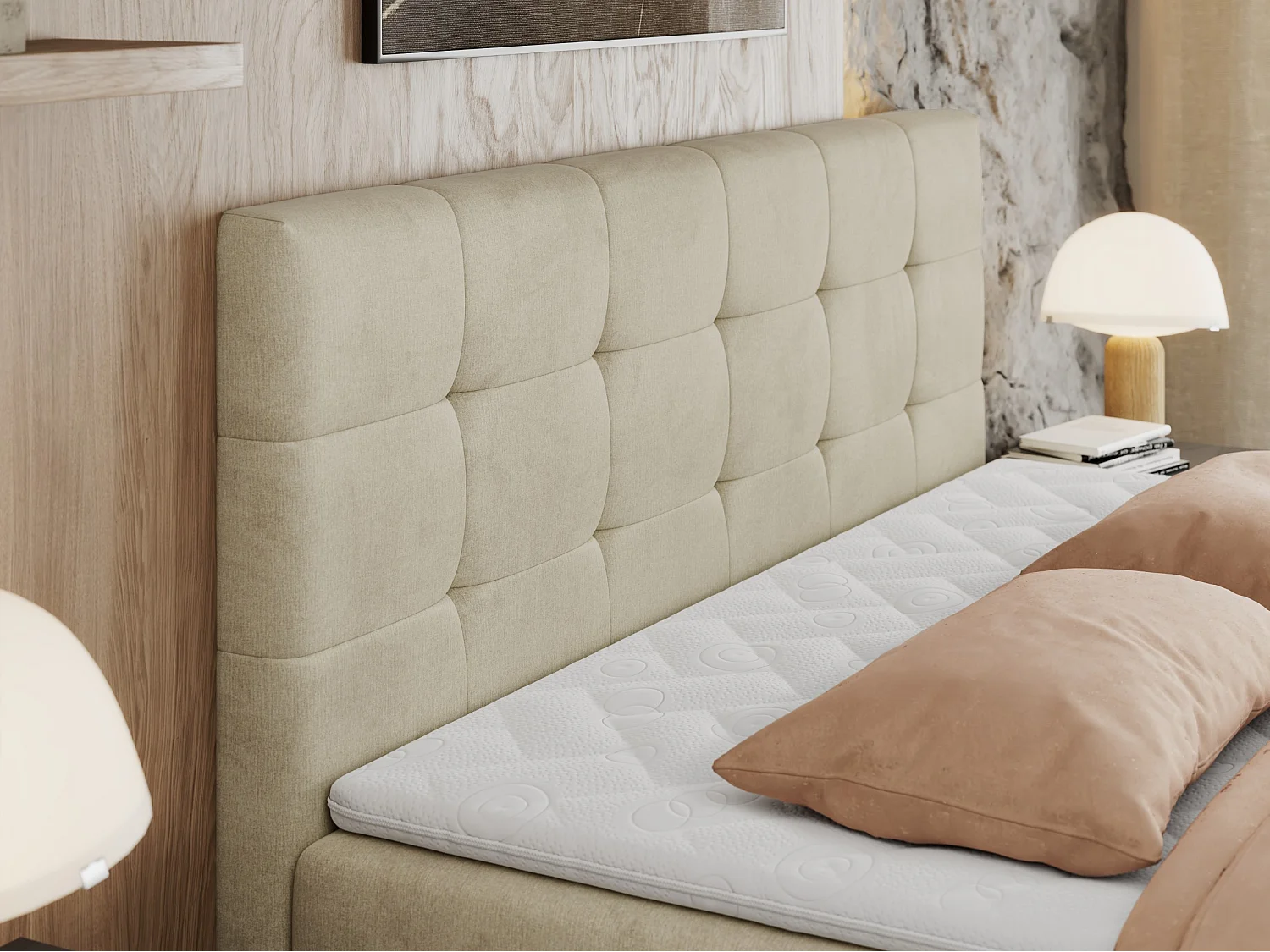 Boxspringbett CENTOS mit gestepptem Kopfteil, Multipocket-Matratze, Doppelbett mit Stauraum - 120x200 cm - H4 - Beige Velvet