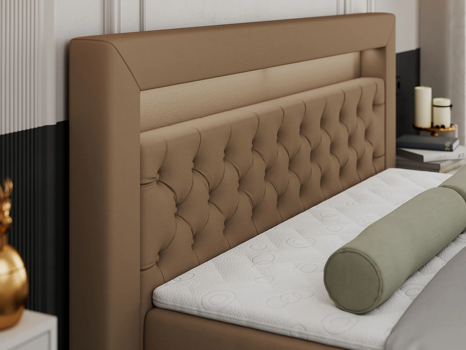 Boxspringbett GOLD 9 mit Stauraum, Multipocket-Matratze, gestepptes Bett, LED Beleuchtung - 200x200 cm - H3 - Braun Kunstleder