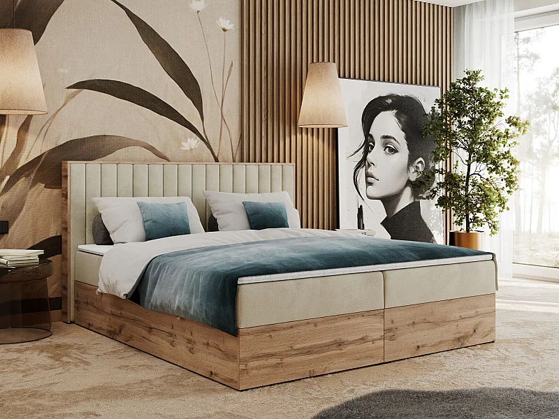 Boxspringbett ALBERO 4, Eiche Wotan Holzrahmen, mit Stauraum, genähtes Kopfteil - 160x200 cm - H4 - Beige Velvet