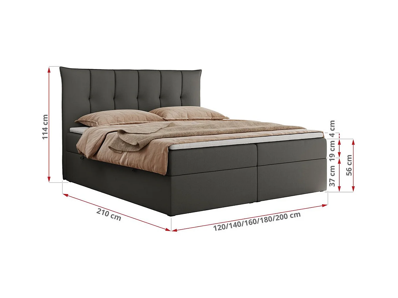 Boxspringbett PREMIUM 10 mit Multipocket-Matratze, gesteppte Kopfstütze, zwei Bettkästen - 140x200 cm - H3 - Dunkelgrau Kunstleder