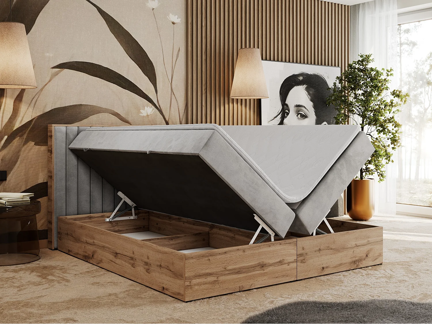 Boxspringbett ALBERO 4, Eiche Wotan Holzrahmen, mit Stauraum, genähtes Kopfteil - 200x200 cm - H3 - Hellgrau Velvet