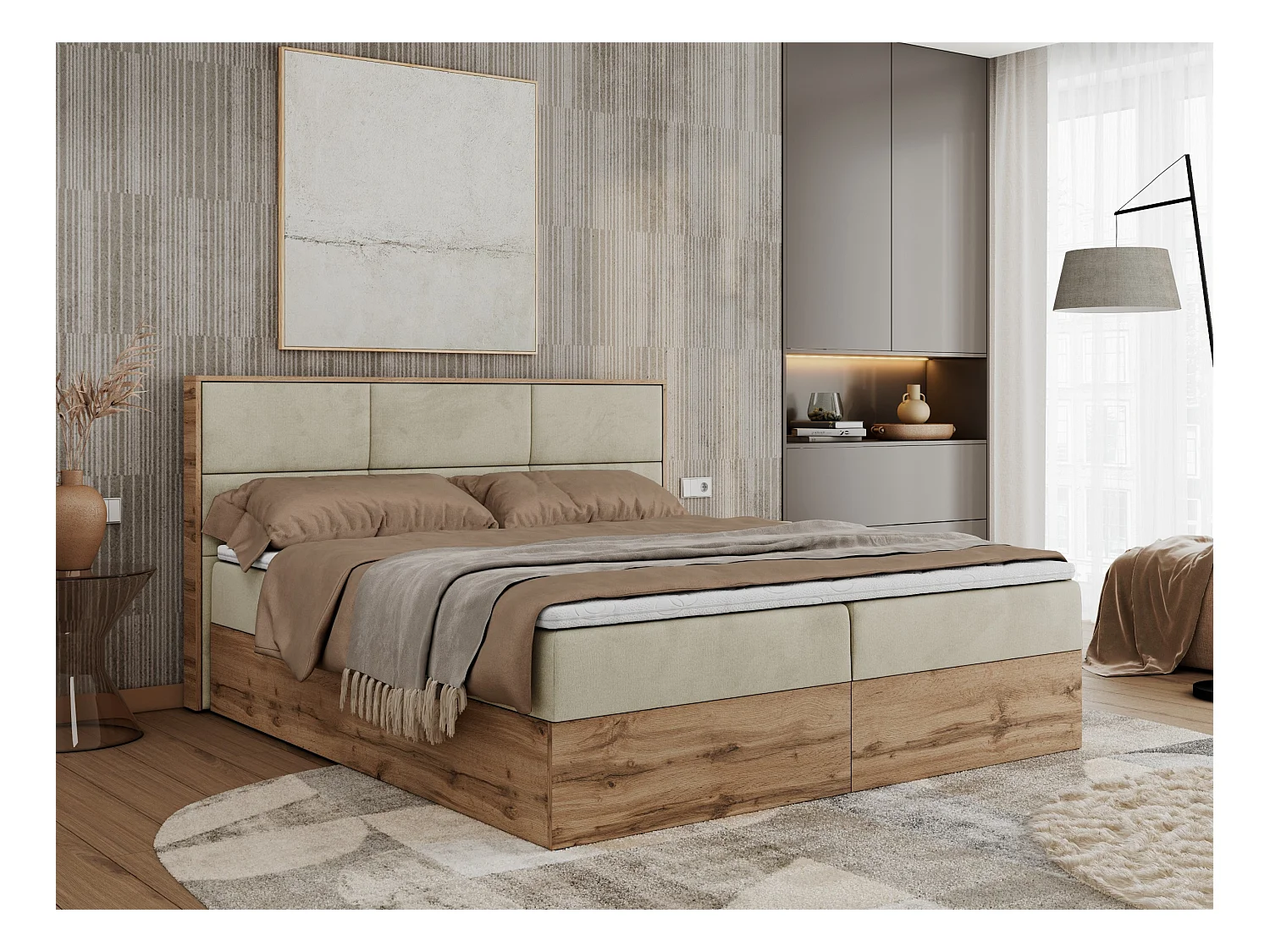 Boxspringbett ALBERO 2 mit Topper und Multipocket-Matratze, Stauraum, Holzrahmen - 160x200 cm - H4 - Beige Velvet