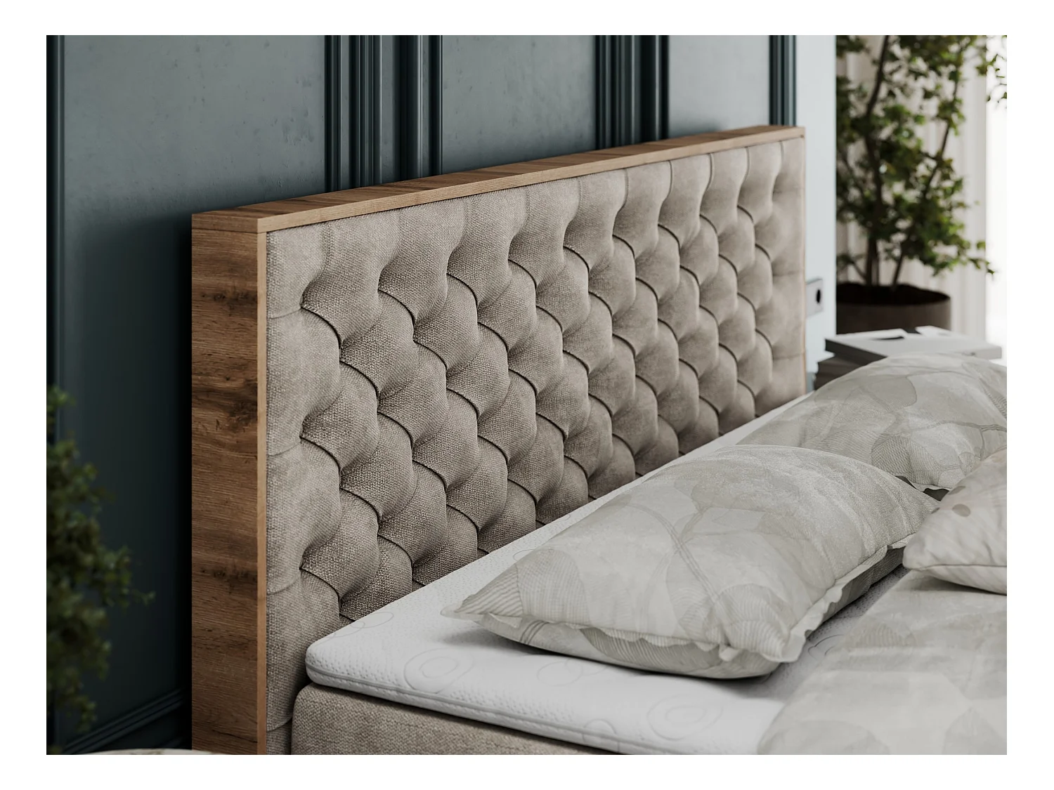 Boxspringbett ALBERO 3 - gesteppte Kopfstütze, Eiche Wotan Holzrahmen, Stauraum - 160x200 cm - H4 - Beige Strukture