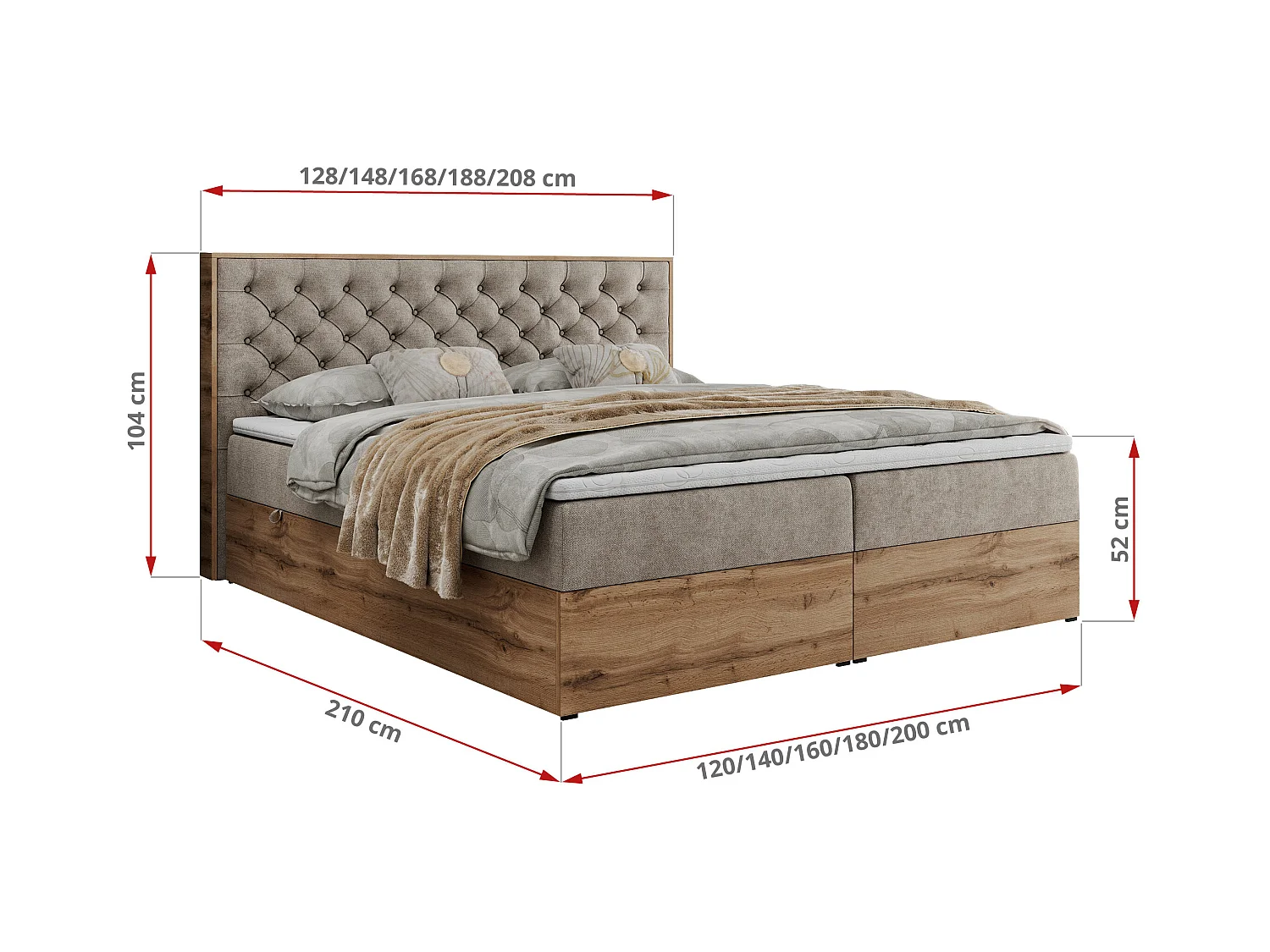 Boxspringbett ALBERO 3 - gesteppte Kopfstütze, Eiche Wotan Holzrahmen, Stauraum - 160x200 cm - H4 - Beige Strukture