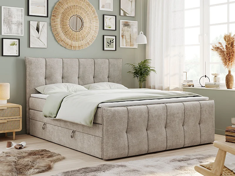 Boxspringbett PREMIUM 11 KING mit Stauraum, gestepptes Kopfteil, zwei Multipocket-Matratzen - 160x200 cm - H3 - Beige Strukture