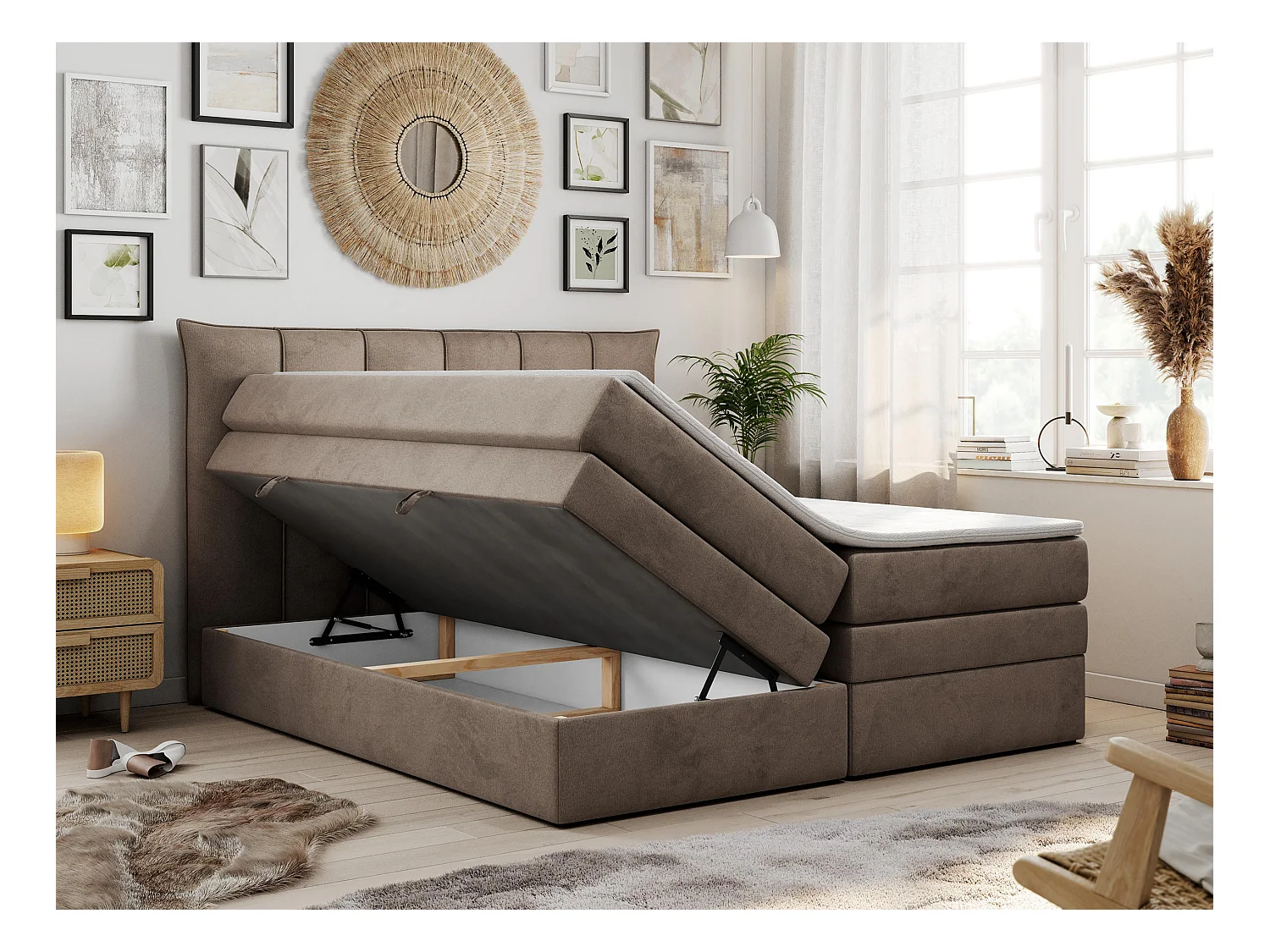 Boxspringbett PREMIUM 10 KING, Doppelbett mit Stauraum, gesteppte Kopfstütze, Multipocket-Matratze - 120x200 cm - H4 - Braun Velvet