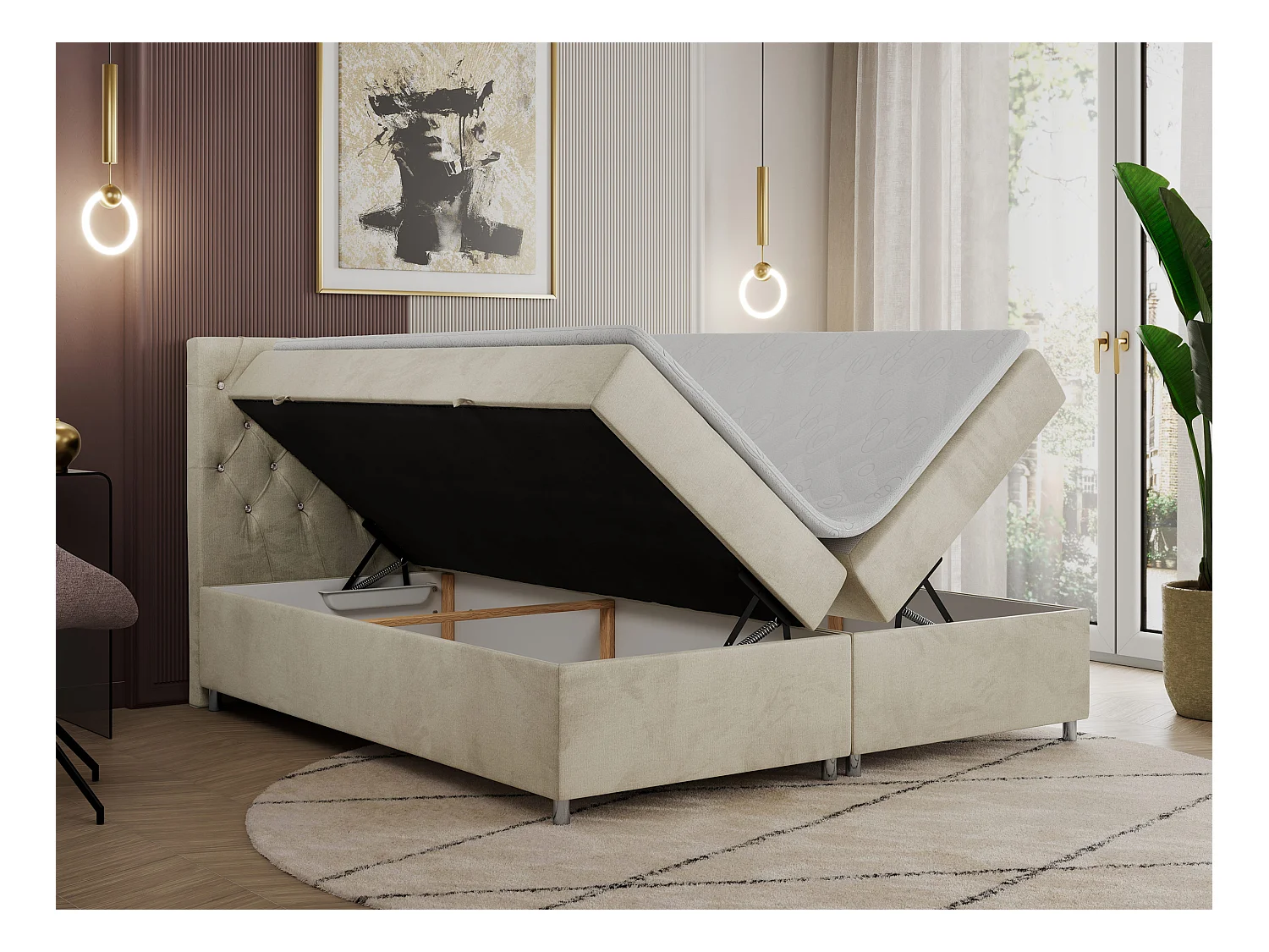 Boxspringbett ROMA mit gestepptem Kopfteil, Multipocket-Matratze, dekorative Füße - 200x200 cm - H4 - Beige Velvet