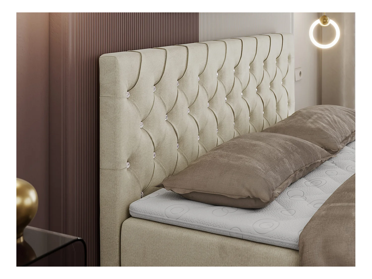 Boxspringbett ROMA mit gestepptem Kopfteil, Multipocket-Matratze, dekorative Füße - 200x200 cm - H4 - Beige Velvet