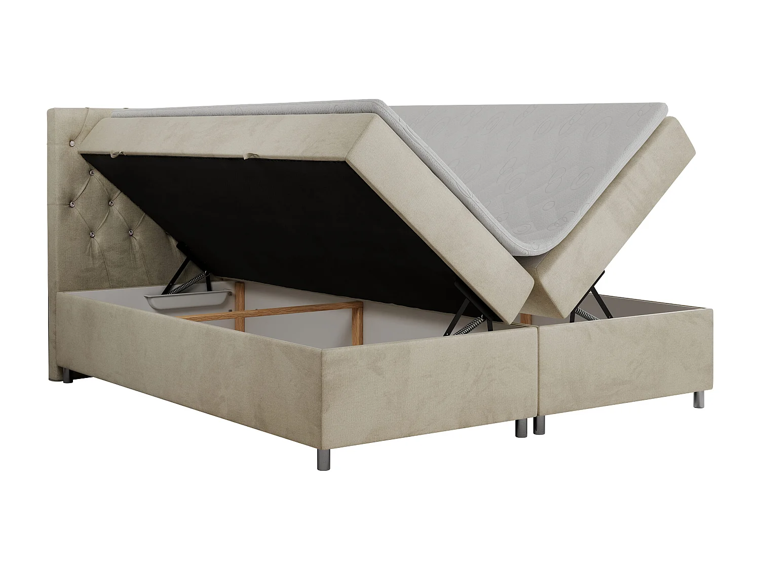 Boxspringbett ROMA mit gestepptem Kopfteil, Multipocket-Matratze, dekorative Füße - 200x200 cm - H4 - Beige Velvet