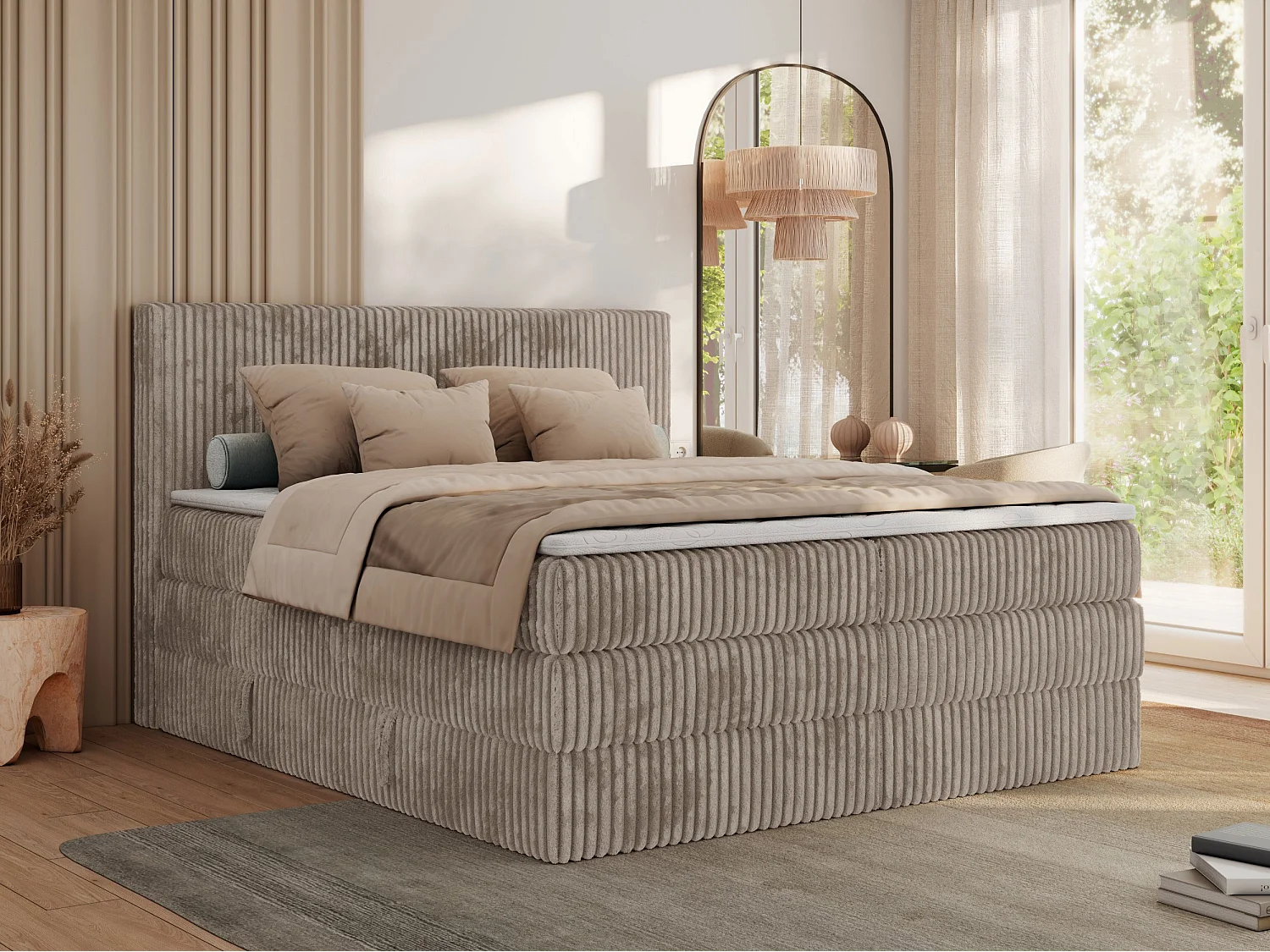 Boxspringbett TILIANO KING, Multipocket-Matratze, Cord Bett, Kopfteil und zwei Bettkästen - 160x200 cm - H4 - Hellbraun Cord