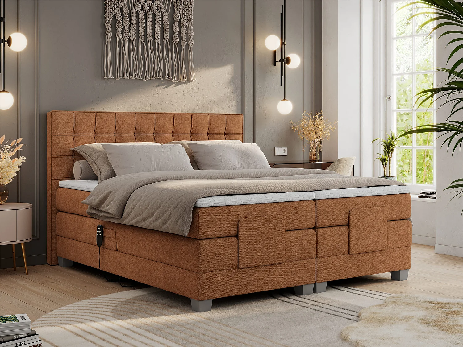 Boxspringbett ELEKTRO mit Multipocket-Matratze, Elektrisch verstellbare, genähtes Kopfteil - 200x200 cm - H4 - Orange Strukture