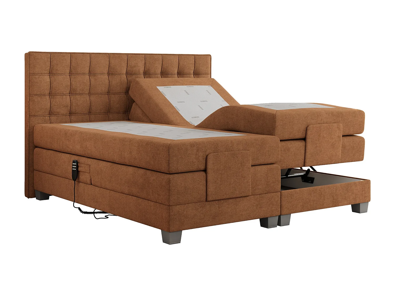 Boxspringbett ELEKTRO mit Multipocket-Matratze, Elektrisch verstellbare, genähtes Kopfteil - 200x200 cm - H4 - Orange Strukture