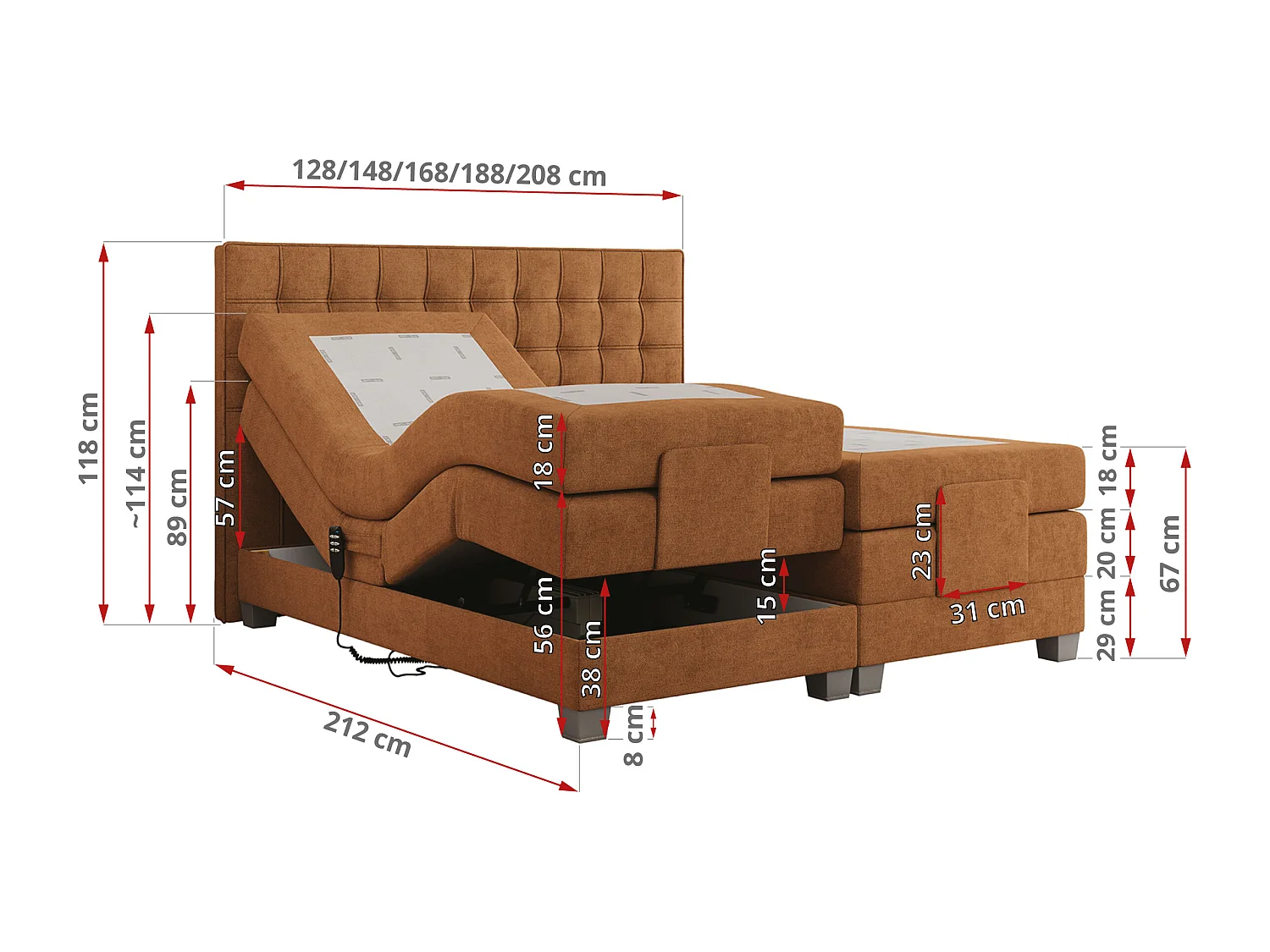 Boxspringbett ELEKTRO mit Multipocket-Matratze, Elektrisch verstellbare, genähtes Kopfteil - 200x200 cm - H4 - Orange Strukture