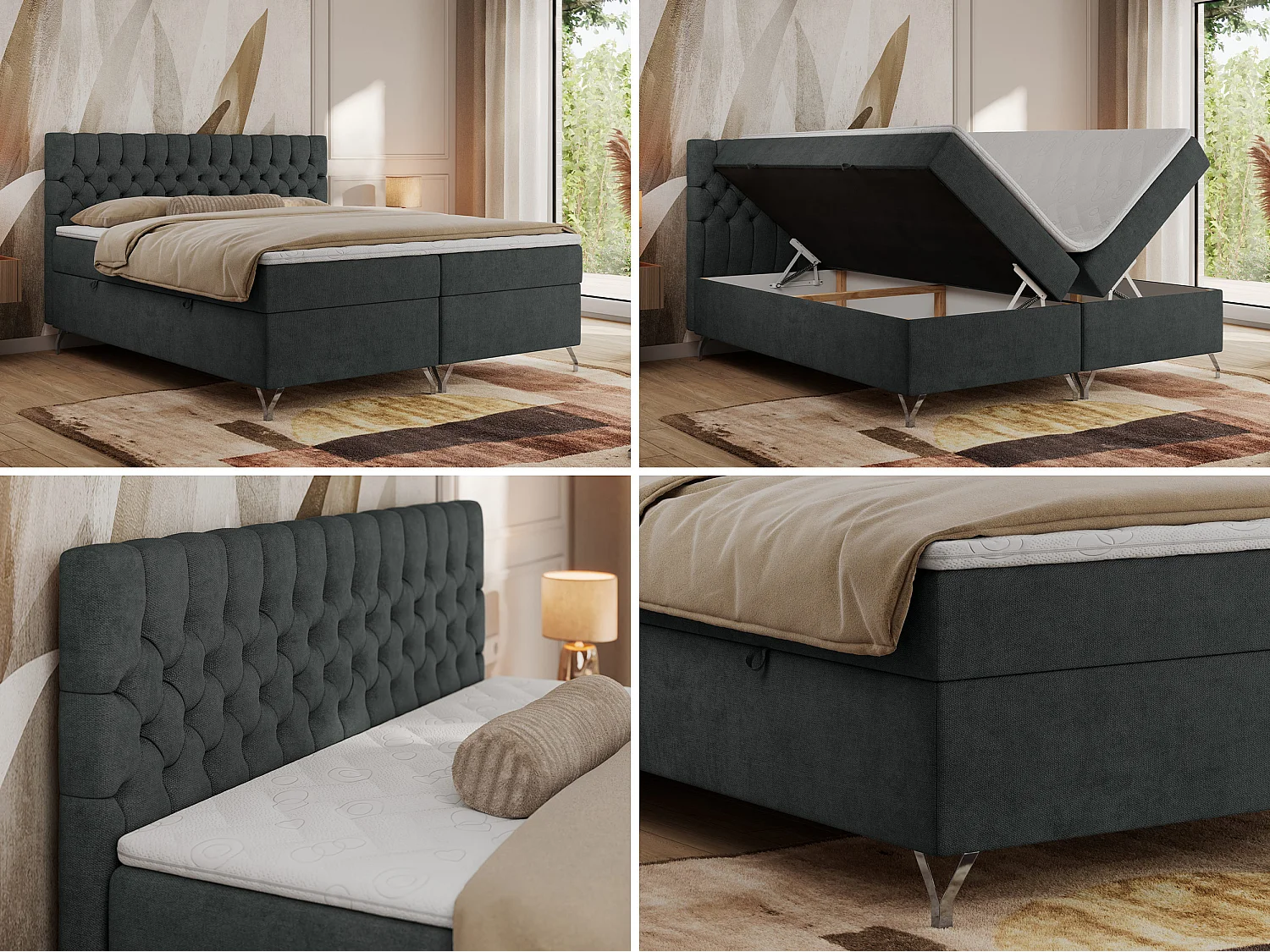 Boxspringbett GRIMALDI mit zwei Bettkästen, gesteppter Kopfstütze, Metallfüßen - 180x200 cm - H4 - Dunkelgrau Strukture