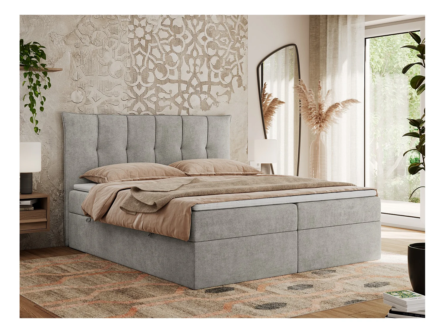 Boxspringbett PREMIUM 10 mit Multipocket-Matratze, gesteppte Kopfstütze, zwei Bettkästen - 140x200 cm - H4 - Hellgrau Strukture