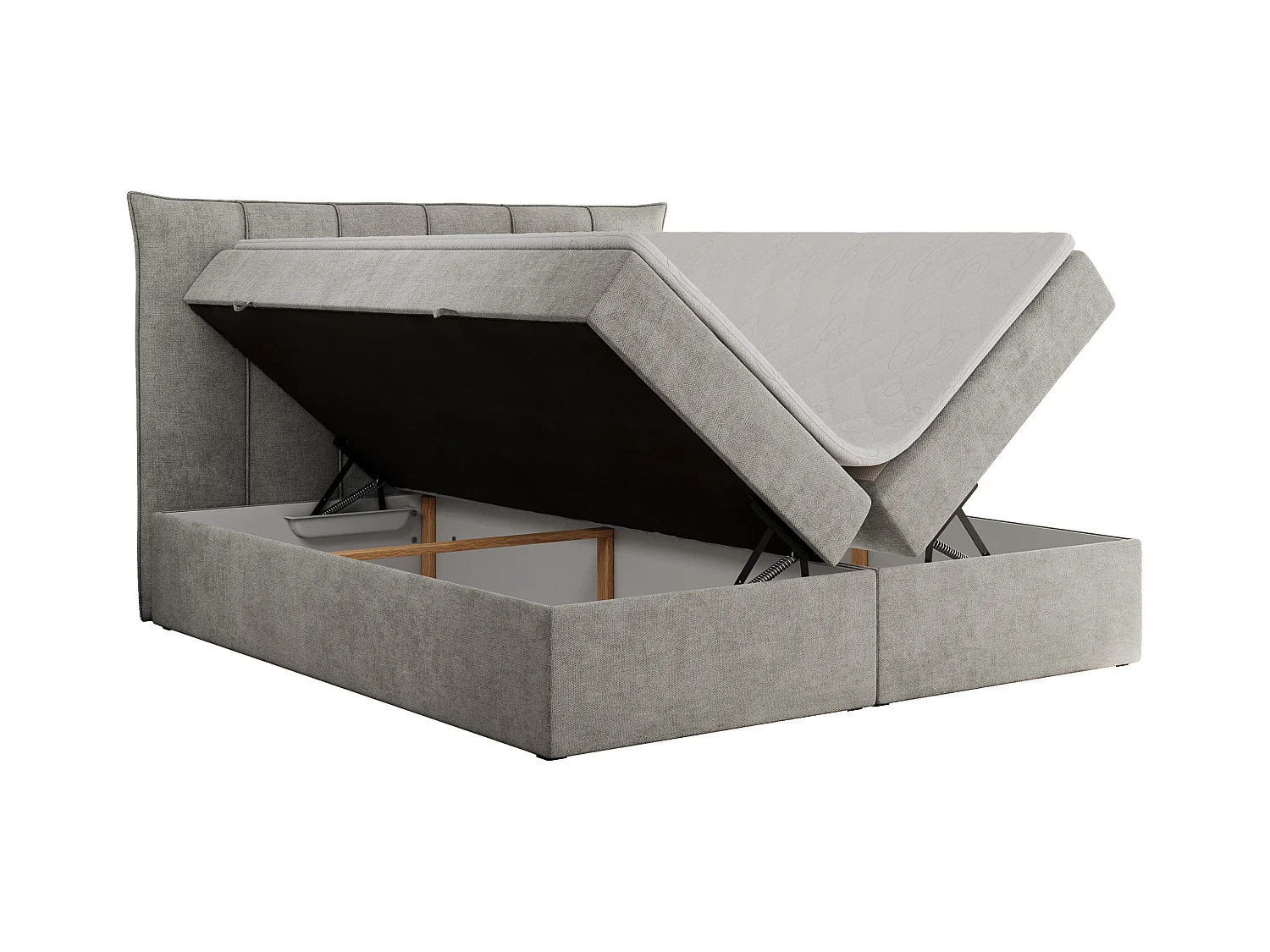 Boxspringbett PREMIUM 10 mit Multipocket-Matratze, gesteppte Kopfstütze, zwei Bettkästen - 140x200 cm - H4 - Hellgrau Strukture