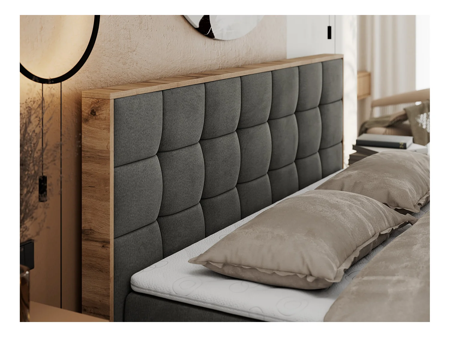 Boxspringbett ALBERO 1, Polsterbett mit gestepptem Kopfteil, Multipocket-Matratze - 160x200 cm - H4 - Dunkelgrau Velvet