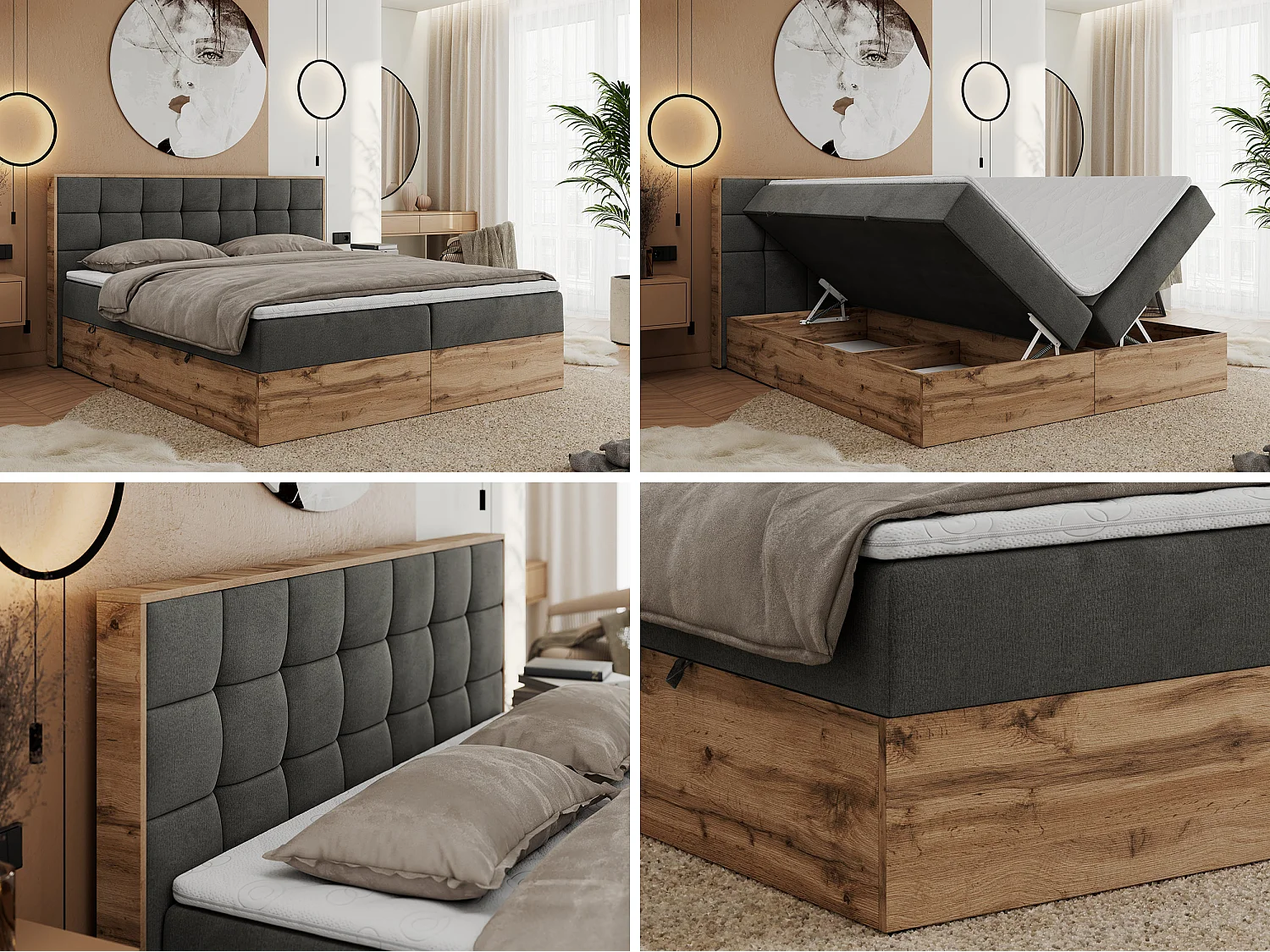 Boxspringbett ALBERO 1, Polsterbett mit gestepptem Kopfteil, Multipocket-Matratze - 160x200 cm - H4 - Dunkelgrau Velvet