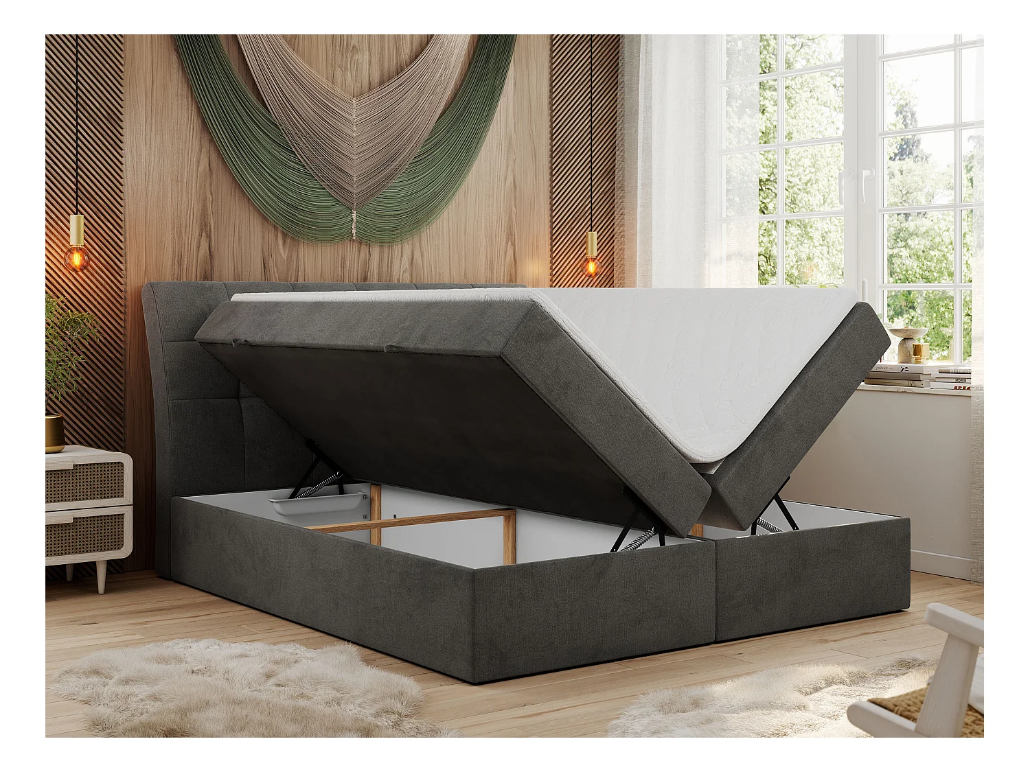 Boxspringbett DIEGOS mit Stauraum, gestepptem Kopfteil, Multipocket-Matratze - 180x200 cm - H3 - Dunkelgrau Velvet