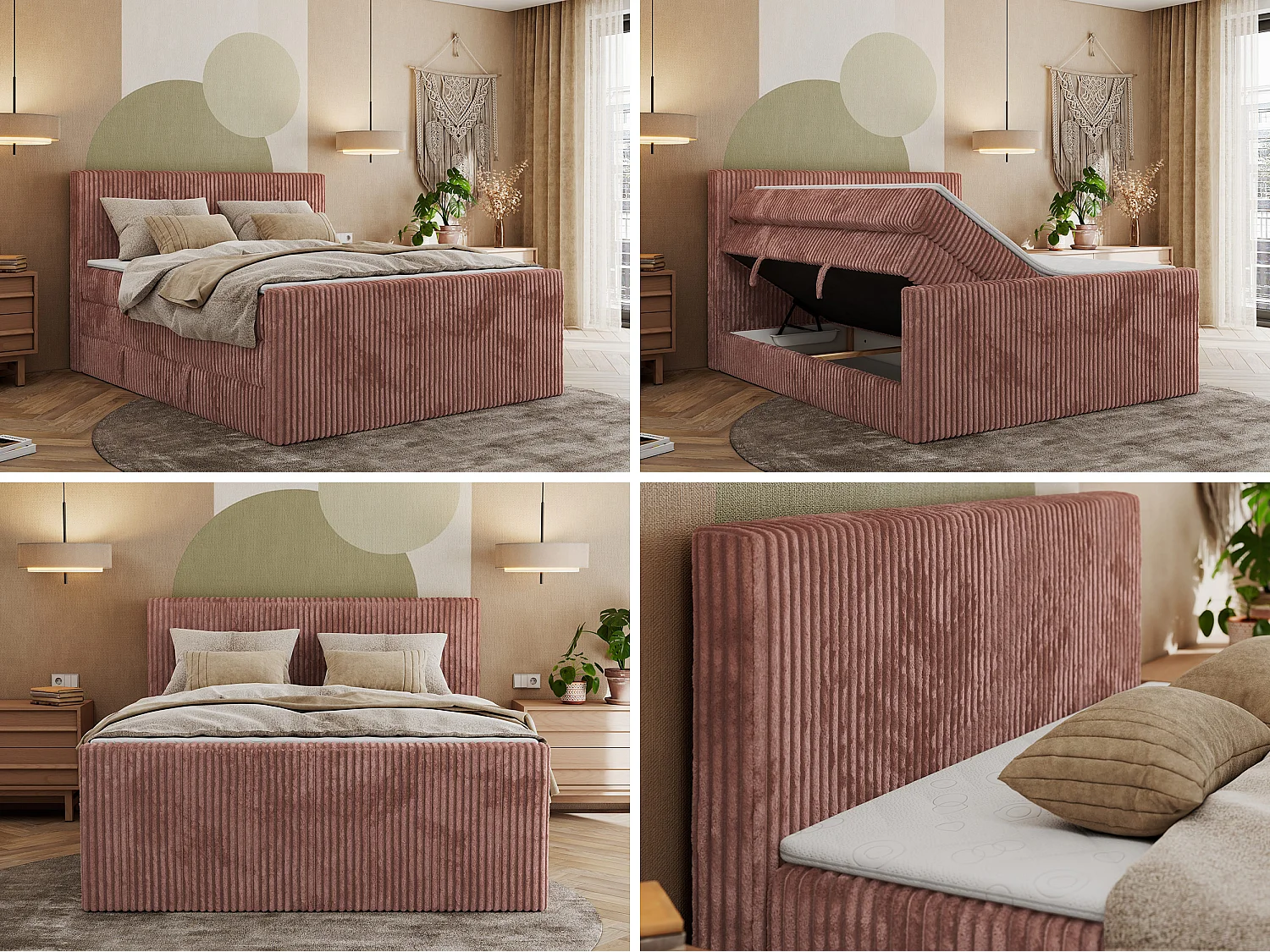 Boxspringbett TILIANO KING DUO, mit zwei Bettkästen, Cord Bett Multipocket-Matratze - 160x200 cm - H3 - Rosa Cord