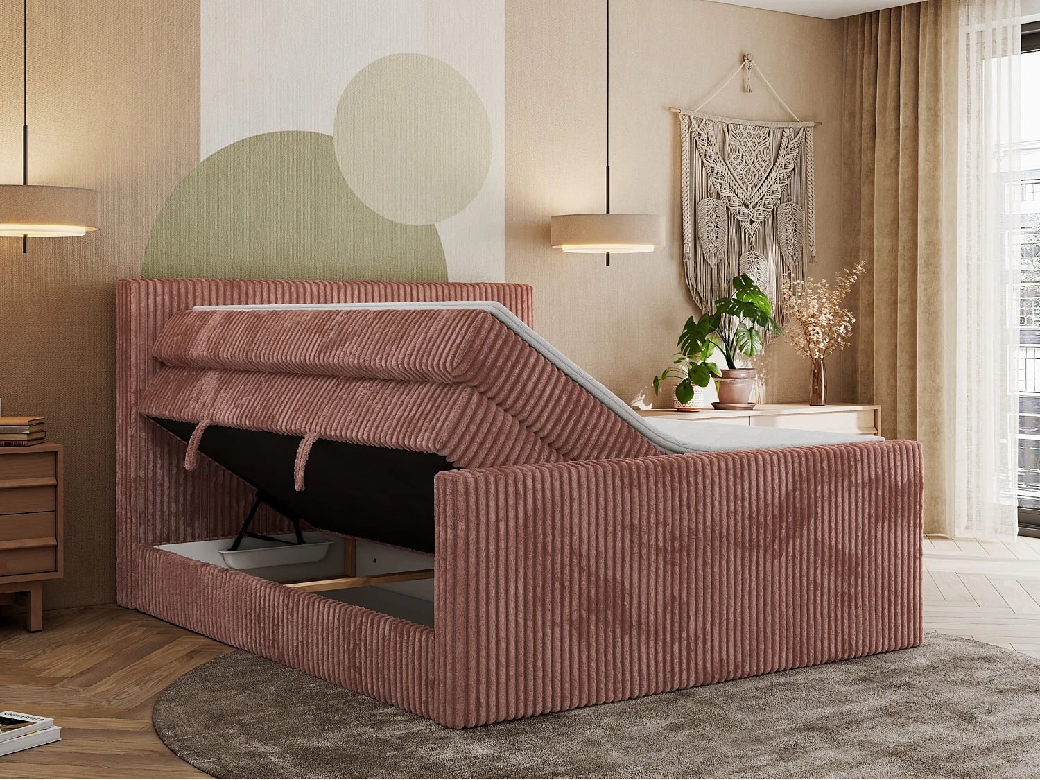 Boxspringbett TILIANO KING DUO, mit zwei Bettkästen, Cord Bett Multipocket-Matratze - 160x200 cm - H3 - Rosa Cord