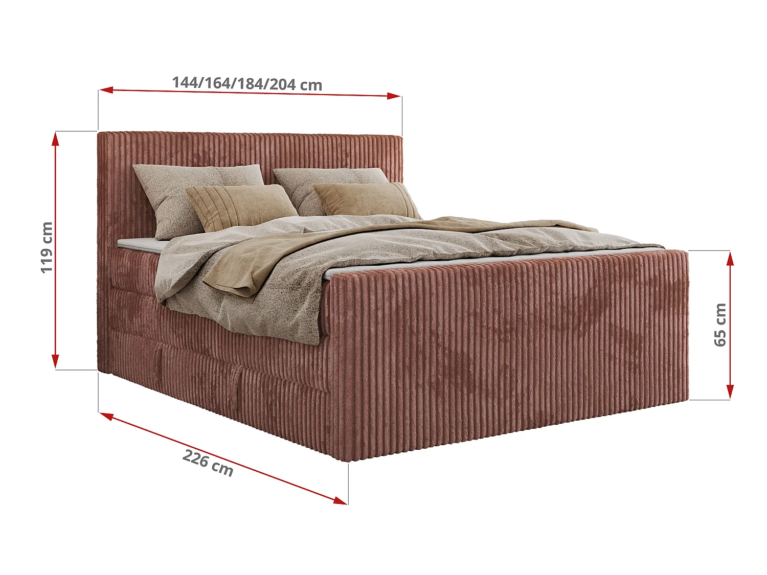 Boxspringbed met hoofdbord H3 + Topper T25 - Roze Ribstof - 160x200 - TILIANO KING DUO