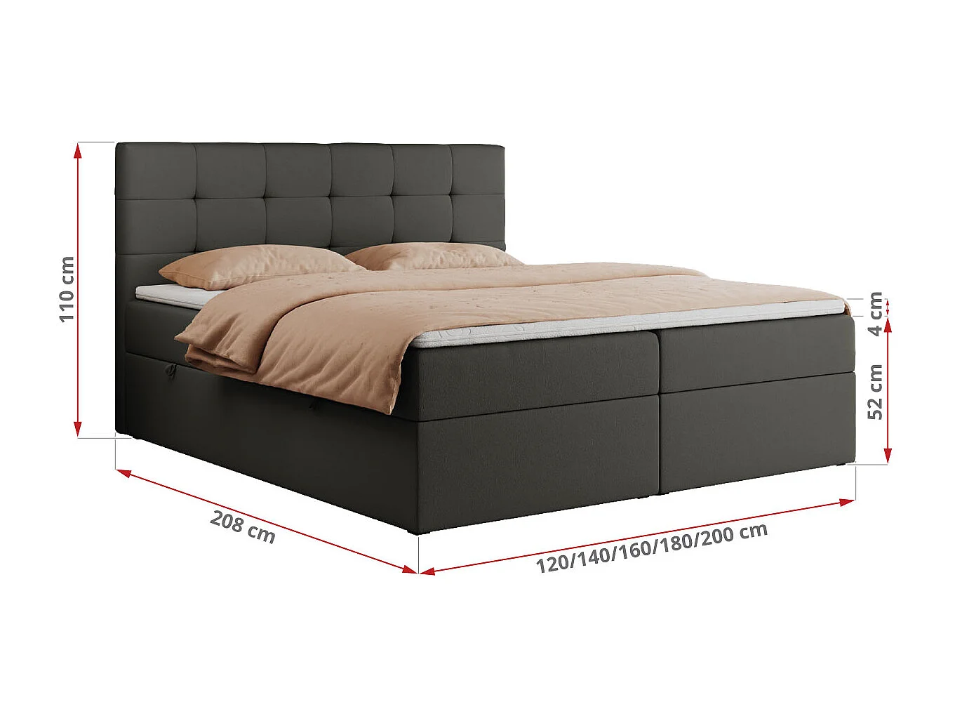 Boxspringbett CENTOS mit gestepptem Kopfteil, Multipocket-Matratze, Doppelbett mit Stauraum - 120x200 cm - H3 - Dunkelgrau Kunstleder