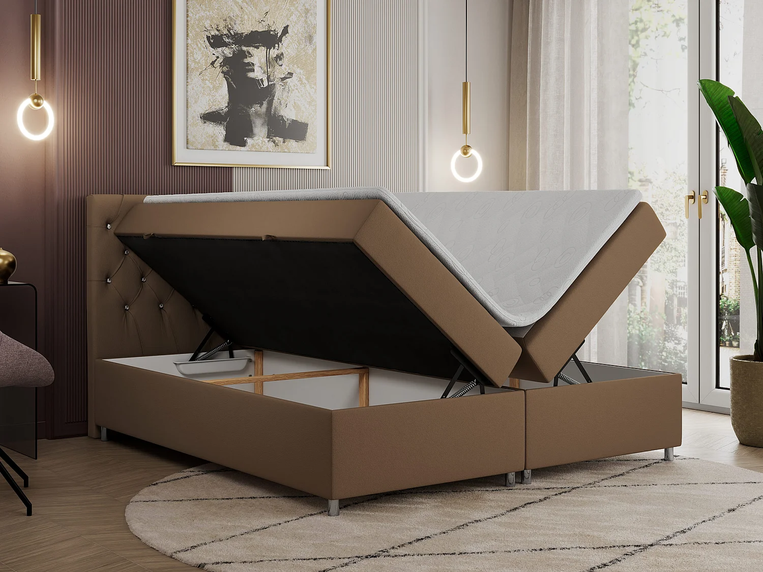 Boxspringbett ROMA mit gestepptem Kopfteil, Multipocket-Matratze, dekorative Füße - 140x200 cm - H3 - Braun Kunstleder