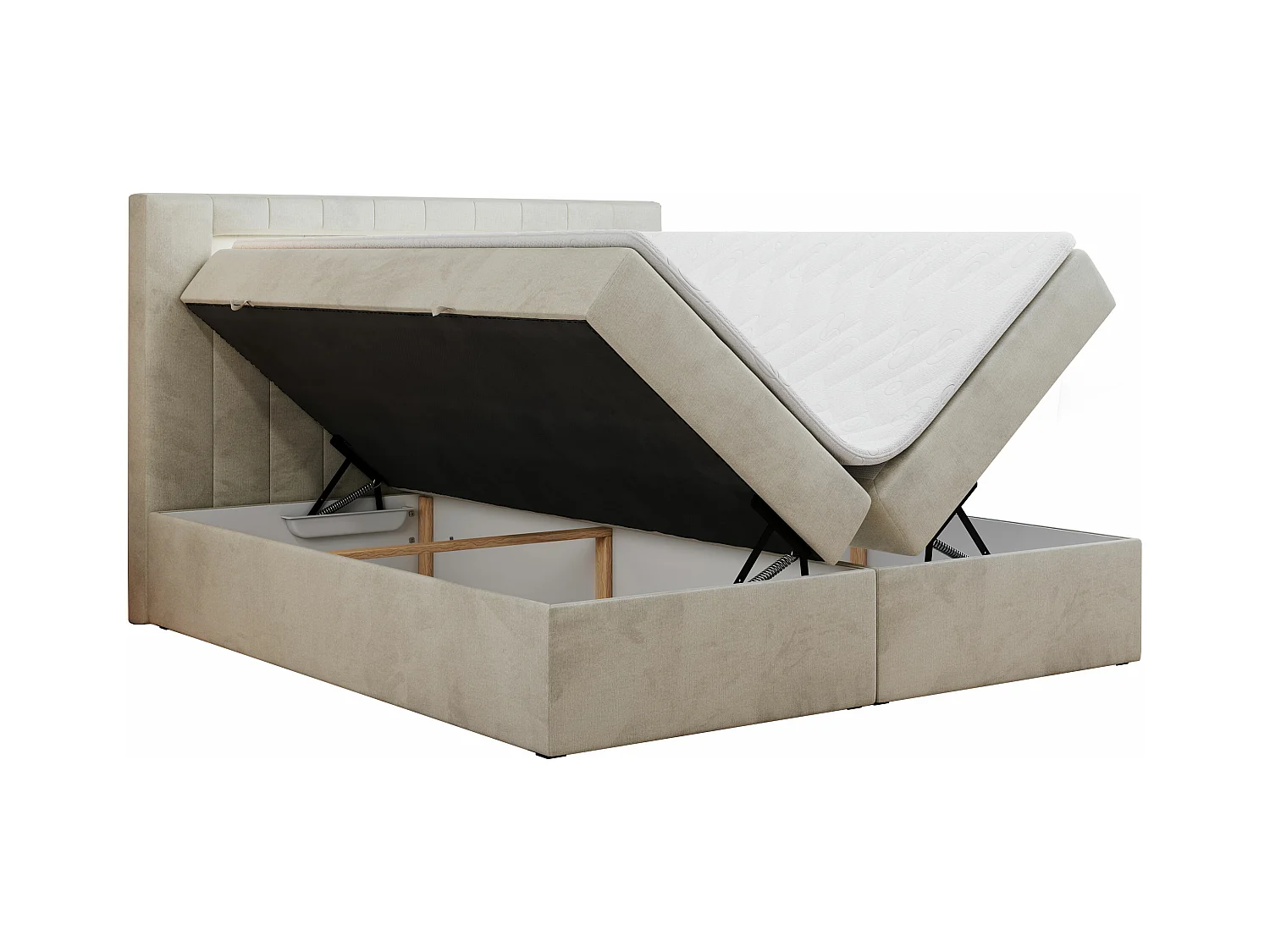 Boxspringbett GOLD 5 mit Multipocket-Matratze und LED, zwei Bettkästen - 160x200 cm - H3 - Beige Velvet