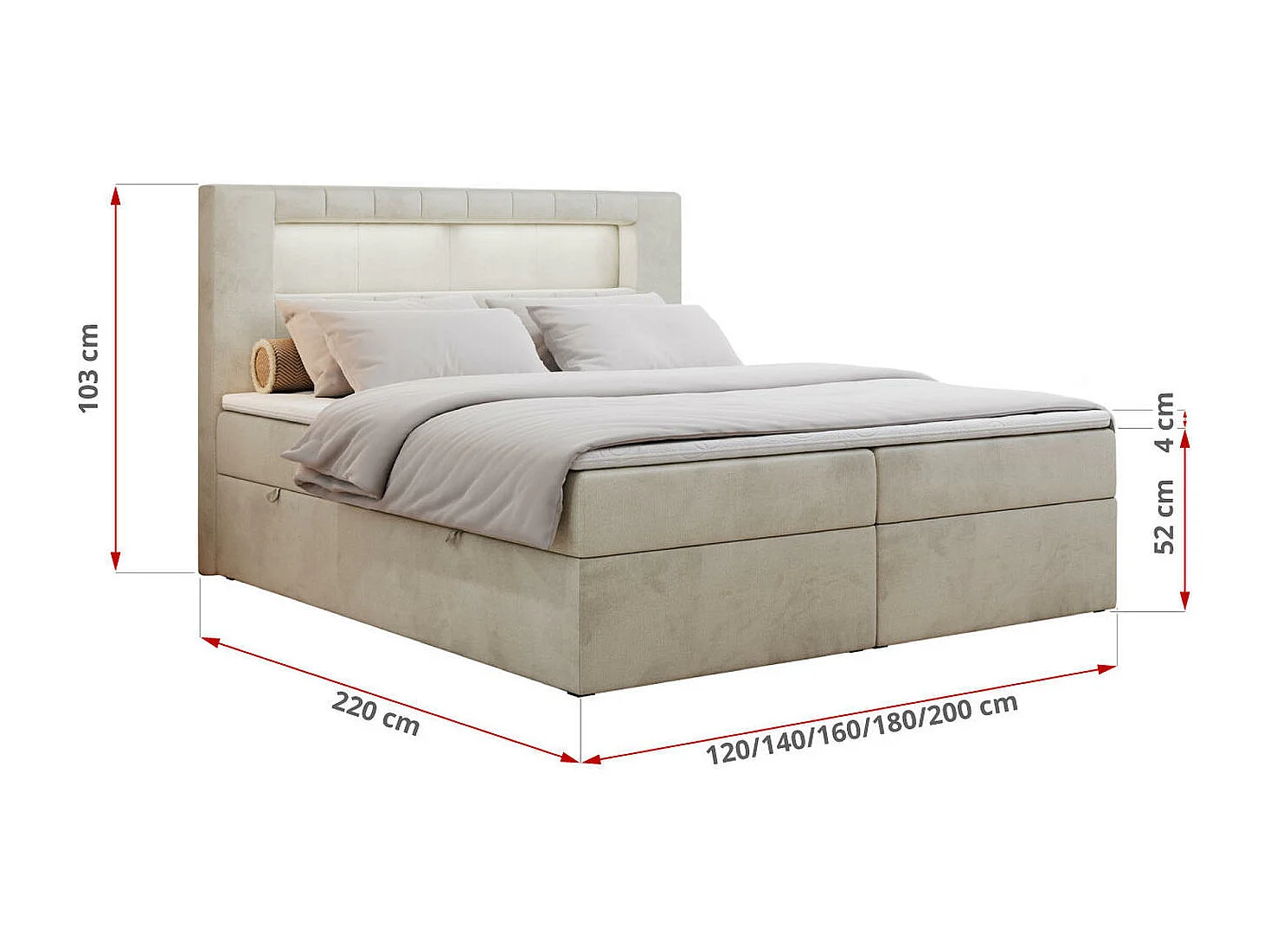 Boxspringbett GOLD 5 mit Multipocket-Matratze und LED, zwei Bettkästen - 160x200 cm - H3 - Beige Velvet