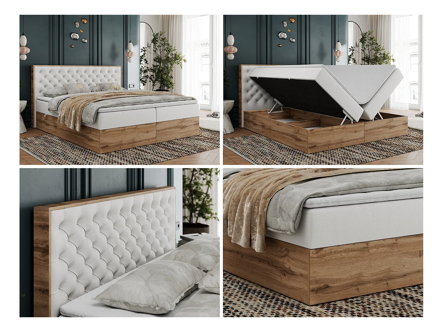 Boxspringbett ALBERO 3 - gesteppte Kopfstütze, Eiche Wotan Holzrahmen, Stauraum - 120x200 cm - H4 - Weiß Kunstleder