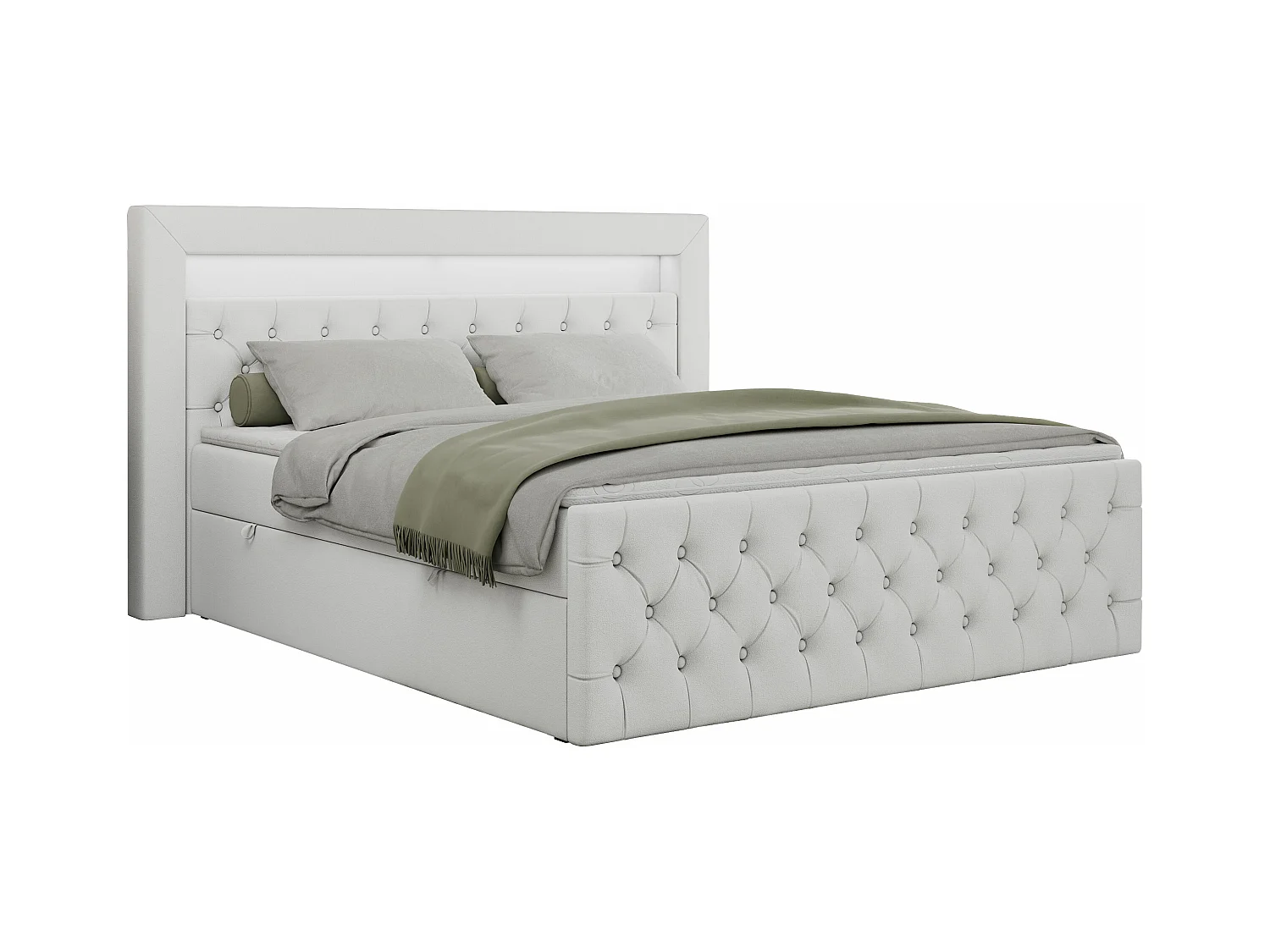 Boxspringbett GOLD 9 mit Stauraum, Multipocket-Matratze, gestepptes Bett, LED Beleuchtung - 200x200 cm - H4 - Weiß Kunstleder