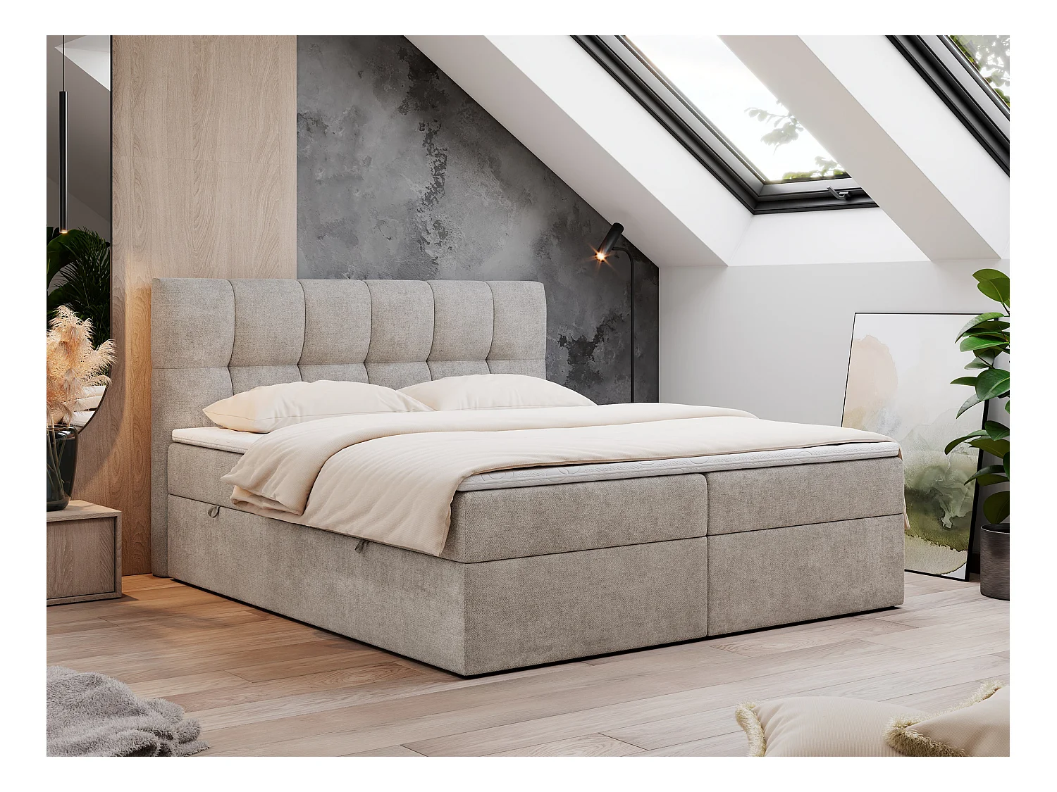 Boxspringbett RICO, Doppelbett mit Matratze, zwei Bettkästen, Bett mit Kopfteil - 120x200 cm - H3 - Beige Stukture