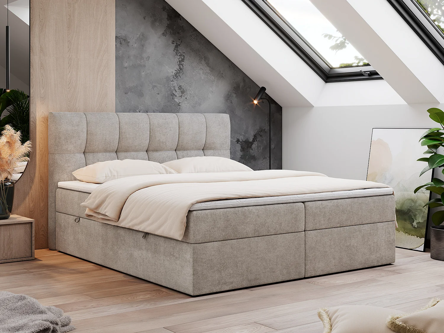 Boxspringbett RICO, Doppelbett mit Matratze, zwei Bettkästen, Bett mit Kopfteil - 120x200 cm - H3 - Beige Stukture