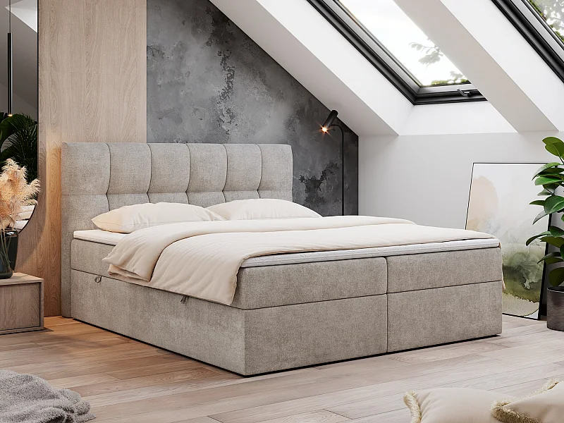Boxspringbett RICO, Doppelbett mit Matratze, zwei Bettkästen, Bett mit Kopfteil - 120x200 cm - H3 - Beige Stukture