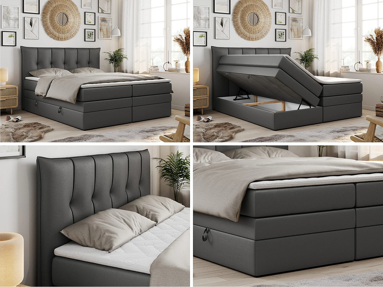 Boxspringbed met hoofdbord H4 + Topper T25 - Donkergrijs Kunstleer - 180x200 - PREMIUM 10 KING