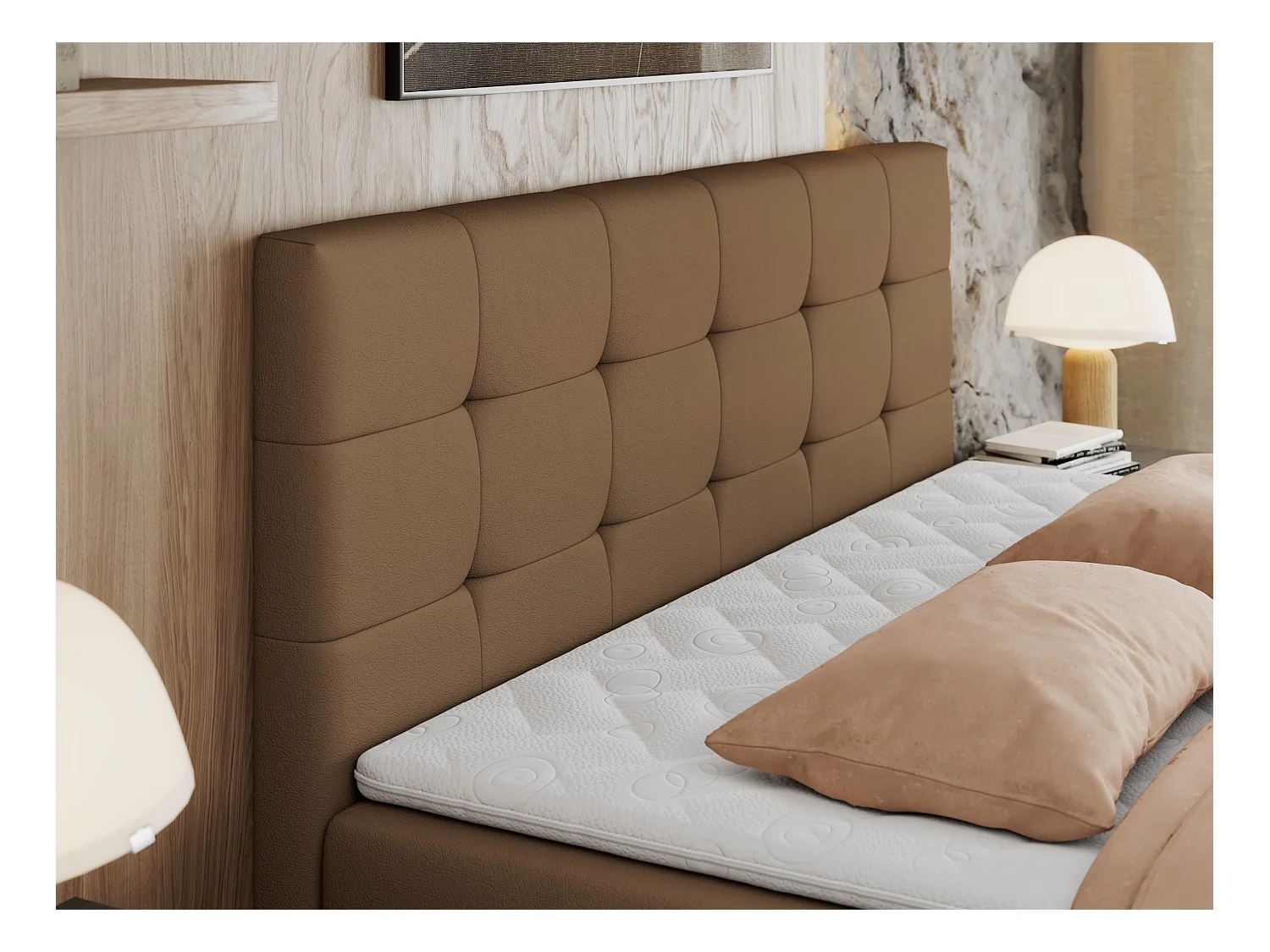 Boxspringbett CENTOS mit gestepptem Kopfteil, Multipocket-Matratze, Doppelbett mit Stauraum - 200x200 cm - H4 - Braun Kunstleder
