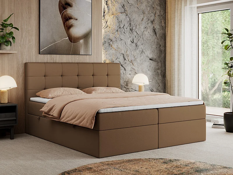 Boxspringbett CENTOS mit gestepptem Kopfteil, Multipocket-Matratze, Doppelbett mit Stauraum - 200x200 cm - H4 - Braun Kunstleder