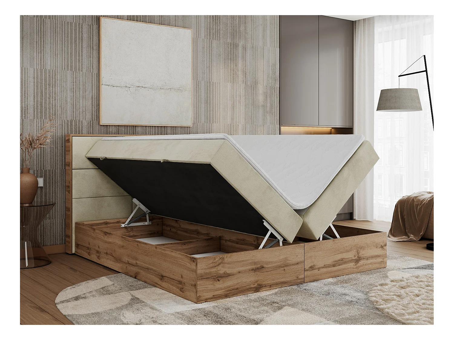 Boxspringbett ALBERO 2 mit Topper und Multipocket-Matratze, Stauraum, Holzrahmen - 200x200 cm - H3 - Beige Velvet