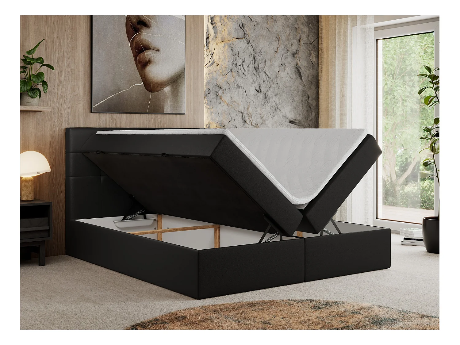 Boxspringbett CENTOS mit gestepptem Kopfteil, Multipocket-Matratze, Doppelbett mit Stauraum - 120x200 cm - H4 - Schwarz Kunstleder