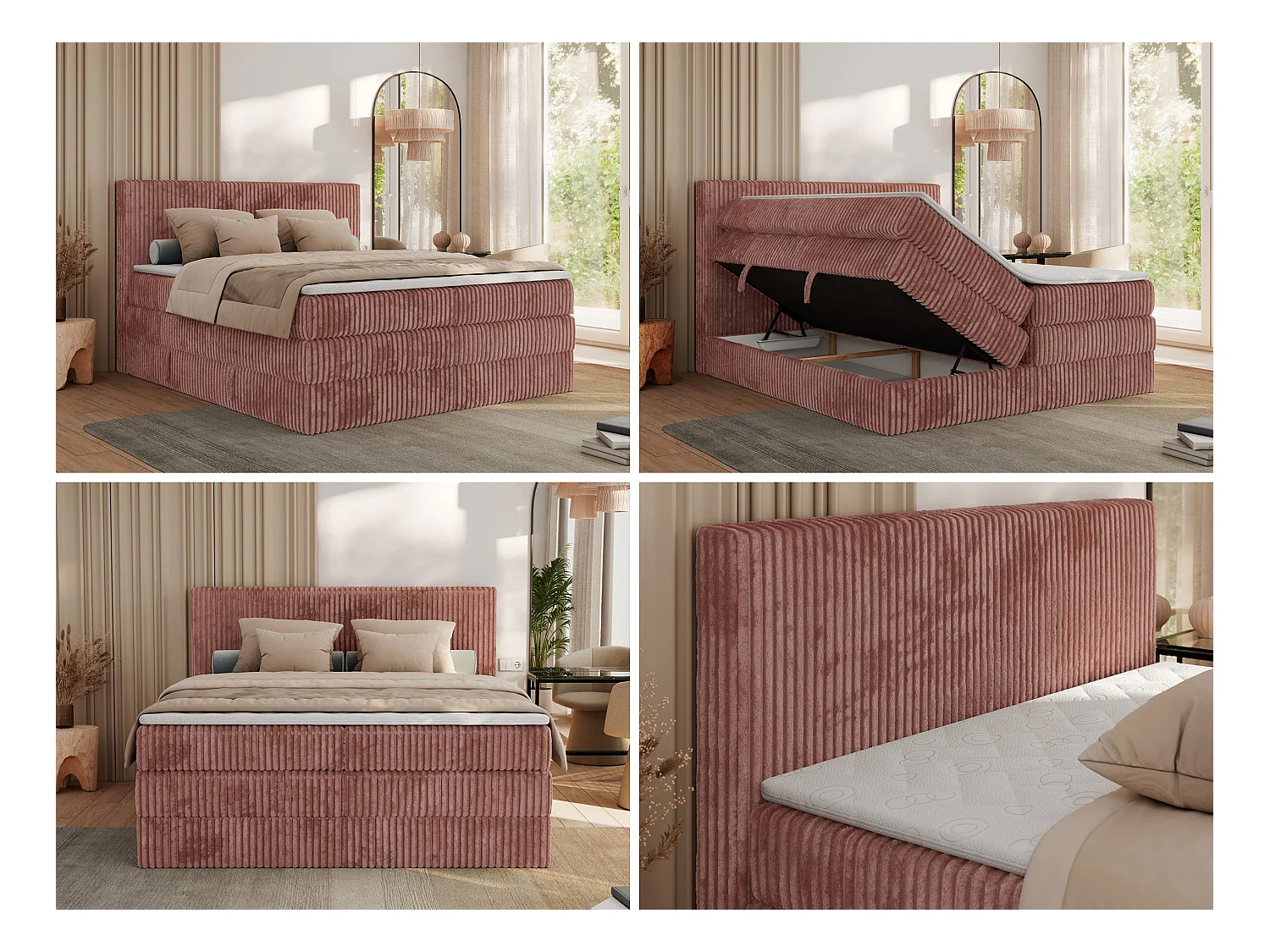 Boxspringbett TILIANO KING, Multipocket-Matratze, Cord Bett, Kopfteil und zwei Bettkästen - 200x200 cm - H4 - Rosa Cord